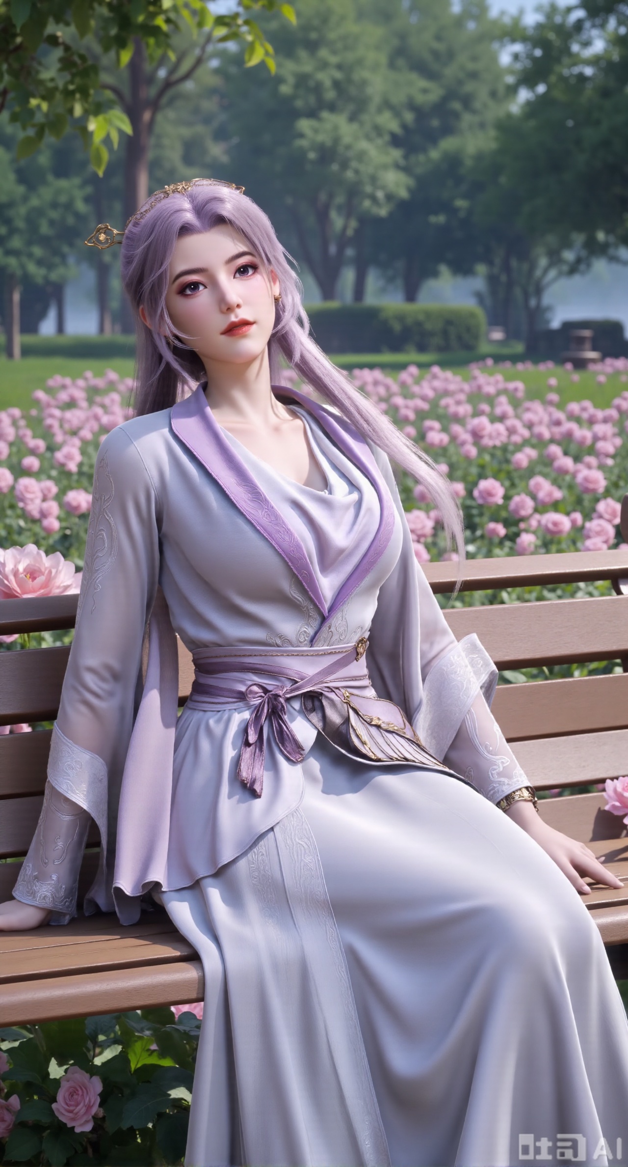 (masterpiece, best quality:1.2),A beauty ,(light purple long dress). black Stockings, high heels,, paired with a sheer knitted cardigan and Mary Jane shoes. Leaning on a garden bench filled with macaron - colored flowers,.Sunlight filters through the leaves onto her face, creating a lazy and gentle atmosphere, and her skirt sways softly in the breeze. 8K resolution, detailed texture of knitted fabric, lustrous pearl texture, vivid flower colors, soft natural light, Instagram - style filter texture.,(huge breasts:2.99),(full breasts:2.99),Xbaozhiyinhuaqun,Xlonger,Xxiaoli,Xtangheziqun,Xyunyunshouban,XgangshouCOS,Xgangshou,XQueenMedusa,XyunxiaoYH3,XmengkeerX3,XMkeerX3