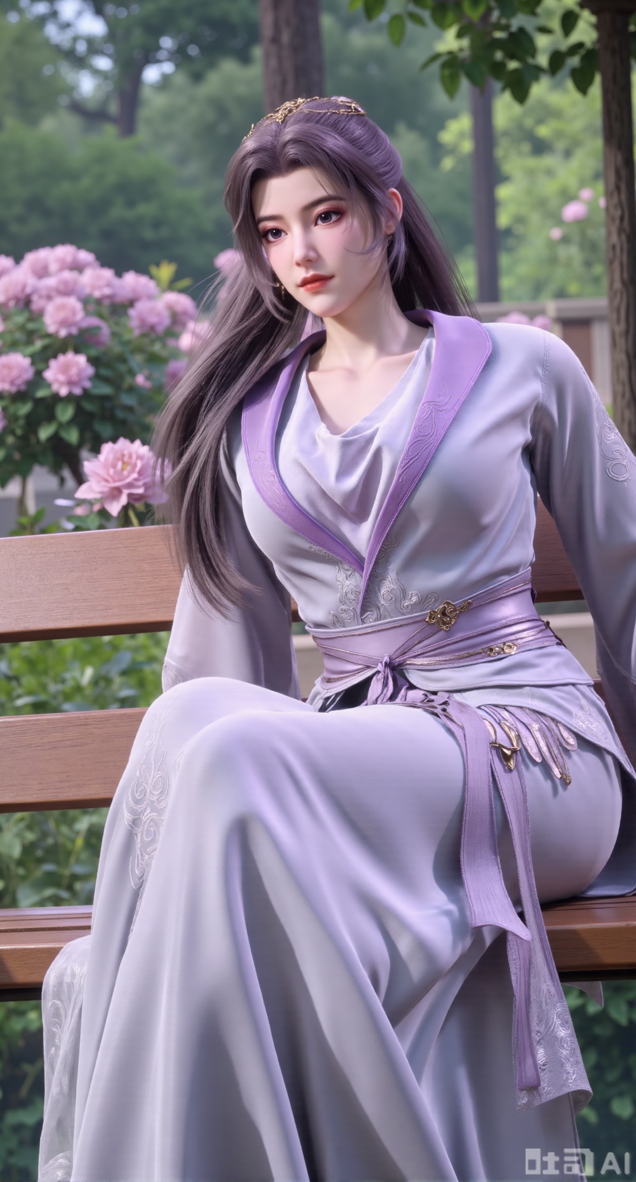 (masterpiece, best quality:1.2),A beauty ,(light purple long dress). Leaning on a garden bench filled with macaron - colored flowers,.Sunlight filters through the leaves onto her face, creating a lazy and gentle atmosphere, and her skirt sways softly in the breeze. 8K resolution, detailed texture of knitted fabric, lustrous pearl texture, vivid flower colors, soft natural light, Instagram - style filter texture.,(huge breasts:2.99),(full breasts:2.99),Xbaozhiyinhuaqun,Xlonger,Xxiaoli,Xtangheziqun,Xyunyunshouban,XgangshouCOS,Xgangshou,XQueenMedusa,XyunxiaoYH3,XmengkeerX3,XMkeerX3