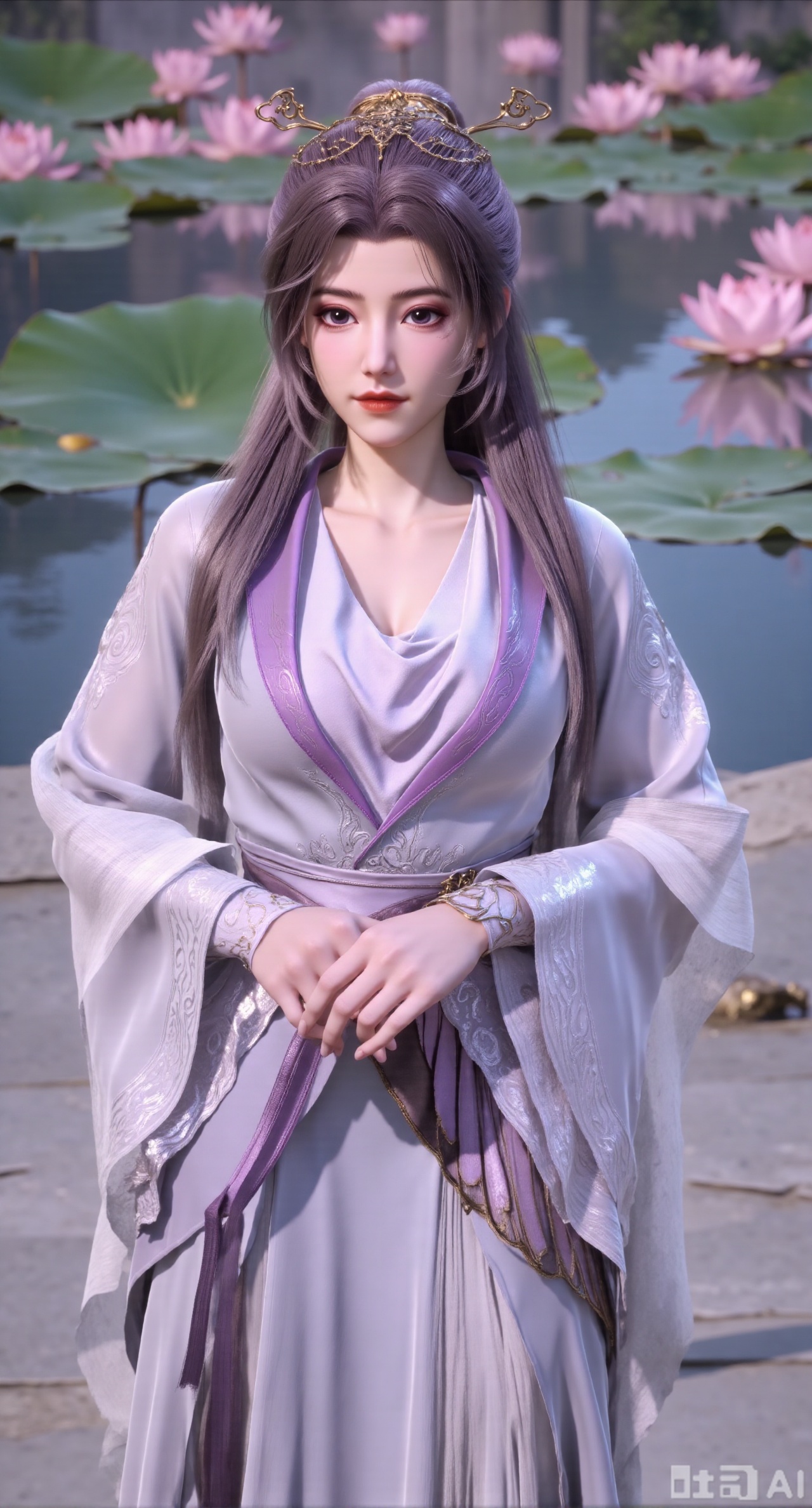 (masterpiece, best quality:1.2),1girl, navel, solo, midriff, bare shoulders, hair ornament,(long hair),(High double ponytail:1.49), red lips, BREAK, (looking at viewer:1.39), chinese clothes,(Holographic purple dress:1.36), (lace,Rainbow Gradient Color:1.28), BREAK,blurry, solo focus, long hair, lips, daytime, lipstick, outdoors, standing,upper body,(huge breasts:2.89), background, solo, makeup,(Stockings, high heels:1.29),(huge breasts:2.99),(full breasts:2.99),,(Background with lotus pond and pink lotus flowers:1.39),,Xbaozhiyinhuaqun,Xlonger,Xxiaoli,Xtangheziqun,Xyunyunshouban,XgangshouCOS,Xgangshou,XQueenMedusa,XyunxiaoYH3,XmengkeerX3,XMkeerX3