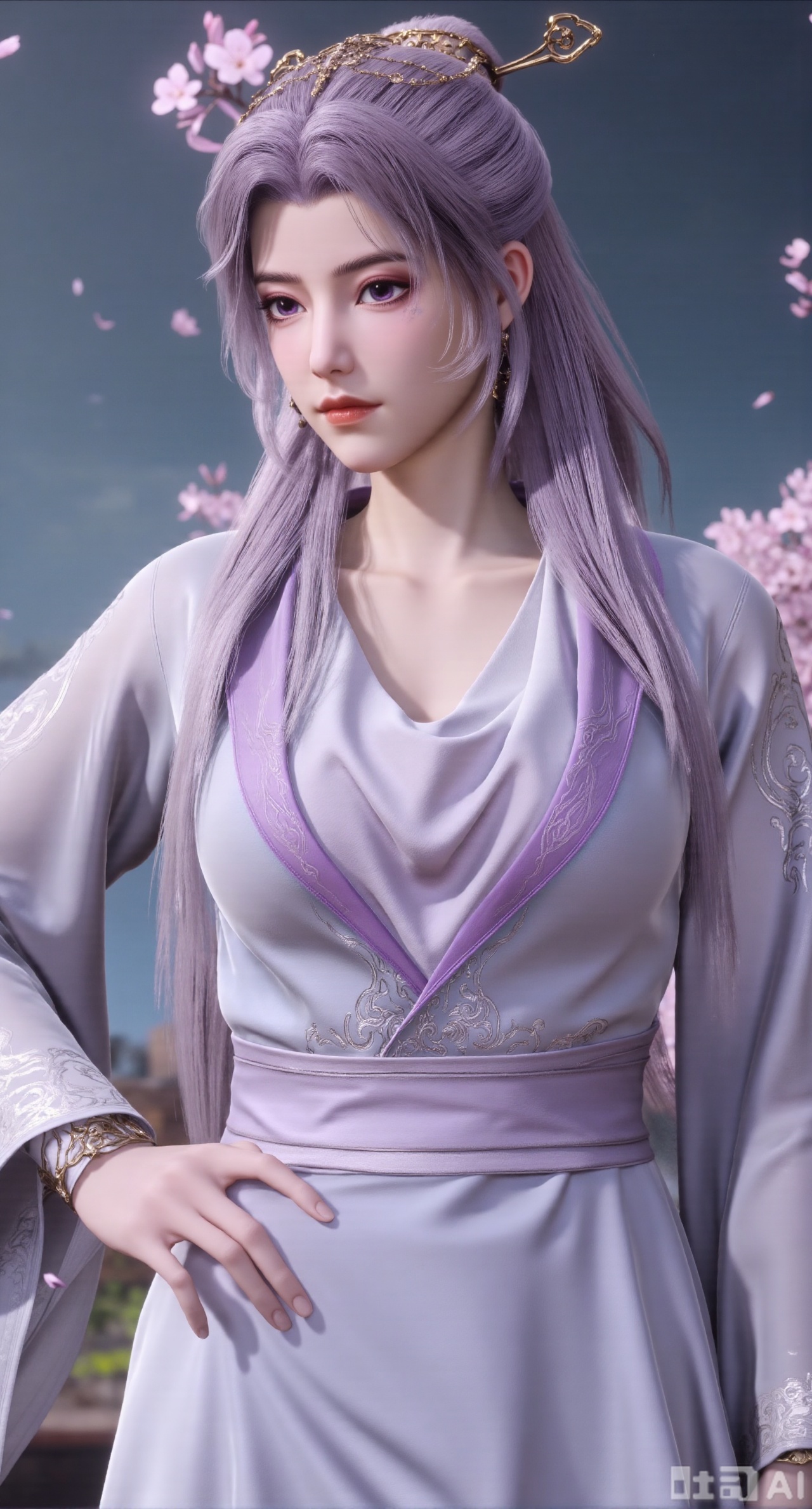 (masterpiece, best quality:1.2),1girl, solo, long hair,,(light purple long dress),, looking at viewer, hair ornament, bare shoulders, jewelry, purple eyes, long hair, flower, earrings, outdoors, parted lips, necklace, hand on hip, petals, hanfu dress, cherry blossoms, long dress, architecture, east asian architecture, falling petals,(gigantic breasts:2.99),(full breasts:2.99),Xbaozhiyinhuaqun,Xlonger,Xxiaoli,Xtangheziqun,Xyunyunshouban,XgangshouCOS,Xgangshou,XQueenMedusa,XyunxiaoYH3,XmengkeerX3,XMkeerX3