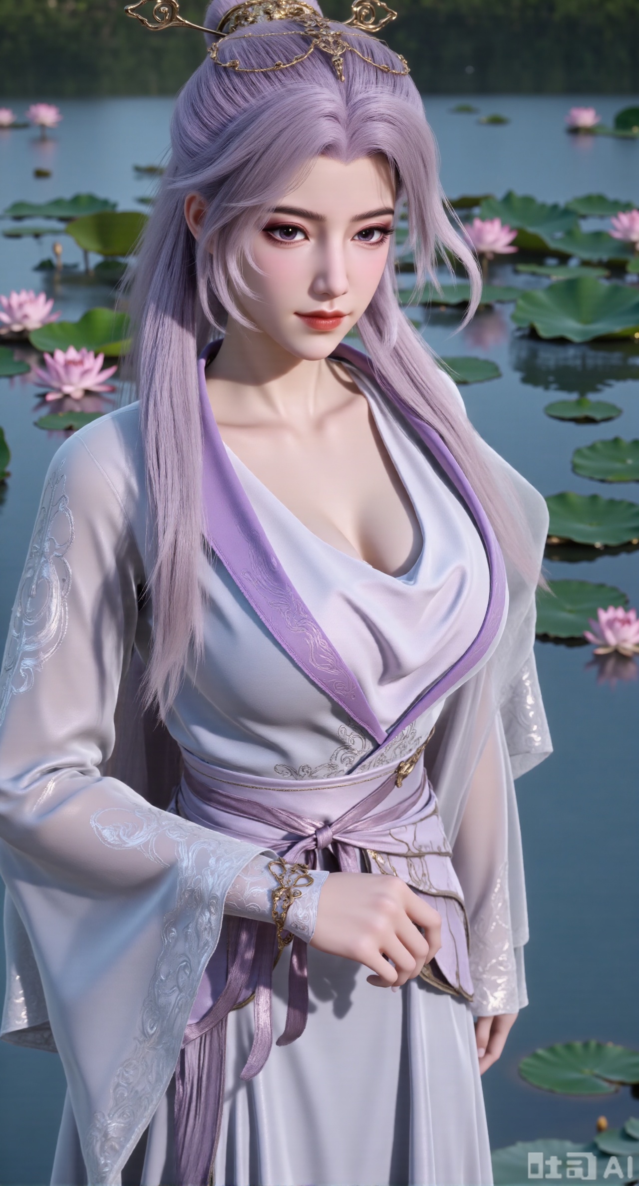 (masterpiece, best quality:1.2),1girl, navel, solo, midriff, bare shoulders, hair ornament,(long hair),(High double ponytail:1.49), red lips, BREAK, (looking at viewer:1.39), chinese clothes,(Holographic purple dress:1.36), (lace,Rainbow Gradient Color:1.28), BREAK,blurry, solo focus, long hair, lips, daytime, lipstick, outdoors, standing,upper body,(huge breasts:2.89), background, solo, makeup,(Stockings, high heels:1.29),(huge breasts:2.99),(full breasts:2.99),,(Background with lotus pond and pink lotus flowers:1.39),,Xbaozhiyinhuaqun,Xlonger,Xxiaoli,Xtangheziqun,Xyunyunshouban,XgangshouCOS,Xgangshou,XQueenMedusa,XyunxiaoYH3,XmengkeerX3,XMkeerX3