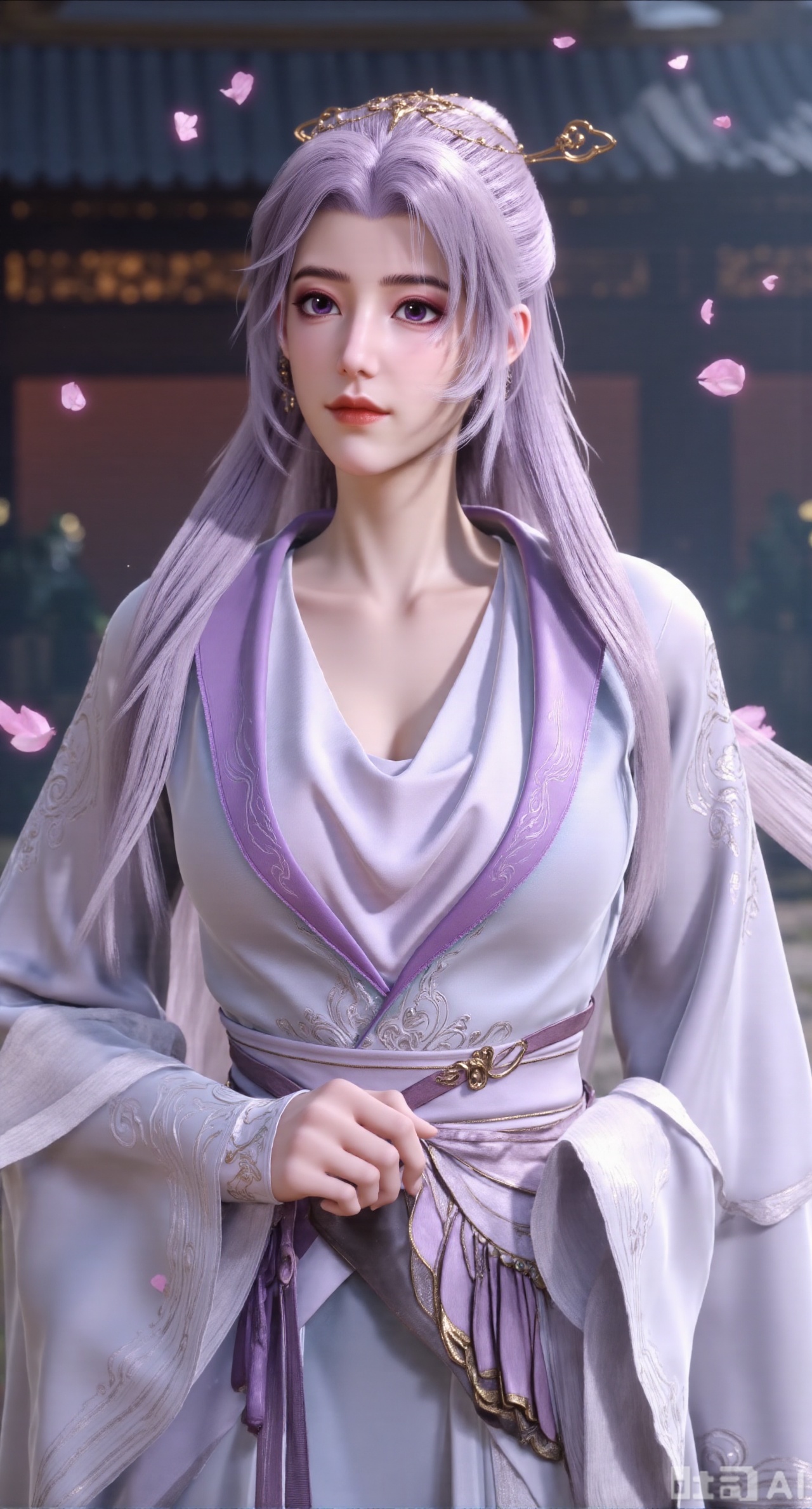 (masterpiece, best quality:1.2),1girl, solo, long hair,,(light purple long dress),, looking at viewer, hair ornament, bare shoulders, jewelry, purple eyes, long hair, flower, earrings, outdoors, parted lips, necklace, hand on hip, petals, hanfu dress, cherry blossoms, long dress, architecture, east asian architecture, falling petals,(gigantic breasts:2.99),(full breasts:2.99),Xbaozhiyinhuaqun,Xlonger,Xxiaoli,Xtangheziqun,Xyunyunshouban,XgangshouCOS,Xgangshou,XQueenMedusa,XyunxiaoYH3,XmengkeerX3,XMkeerX3