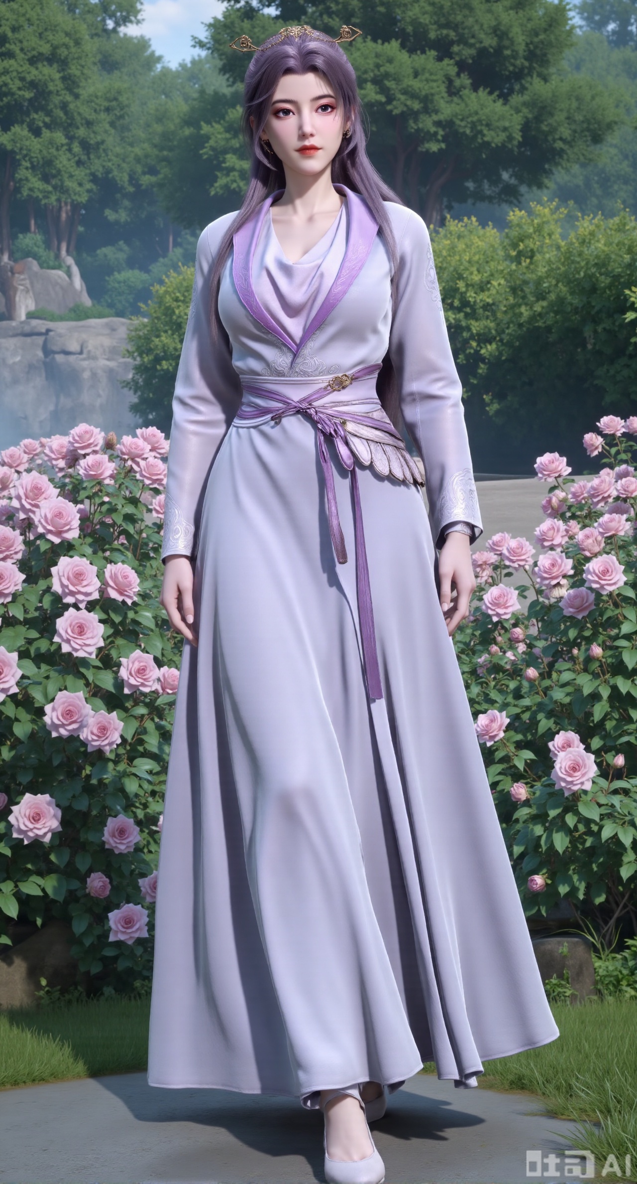 (masterpiece:1.2),best quality,,A woman ,(light purple long dress). black Stockings, high heels,A garden filled with pink roses and lush greenery. Soft pastel hues of white,blue,and green,creating a serene atmosphere. Photorealistic photography.,,(huge breasts:2.99),(full breasts:2.99),,Xbaozhiyinhuaqun,Xlonger,Xxiaoli,Xtangheziqun,Xyunyunshouban,XgangshouCOS,Xgangshou,XQueenMedusa,XyunxiaoYH3,XmengkeerX3,XMkeerX3