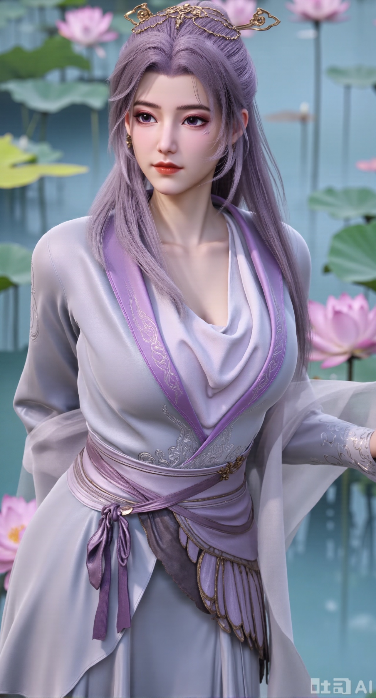(masterpiece, best quality:1.2),1girl, navel, solo, midriff, bare shoulders, hair ornament,(long hair),(High double ponytail:1.49), red lips, BREAK, (looking at viewer:1.39), chinese clothes,(Holographic purple dress:1.36), (lace,Rainbow Gradient Color:1.28), BREAK,blurry, solo focus, long hair, lips, daytime, lipstick, outdoors, standing,upper body,(huge breasts:2.89), background, solo, makeup,(Stockings, high heels:1.29),(huge breasts:2.99),(full breasts:2.99),,(Background with lotus pond and pink lotus flowers:1.39),,Xbaozhiyinhuaqun,Xlonger,Xxiaoli,Xtangheziqun,Xyunyunshouban,XgangshouCOS,Xgangshou,XQueenMedusa,XyunxiaoYH3,XmengkeerX3,XMkeerX3