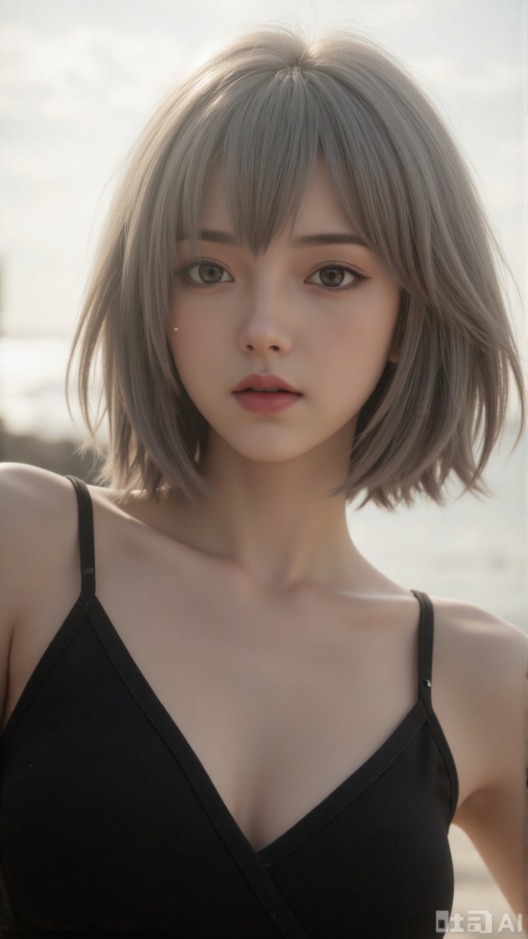  a asian woman, sexy short hair, charming and seductive temperament, distant close-up, golden ratio, movie texture, minimalism, high-end feeling, strong contrast between cold and warm, outdoor scenes, 