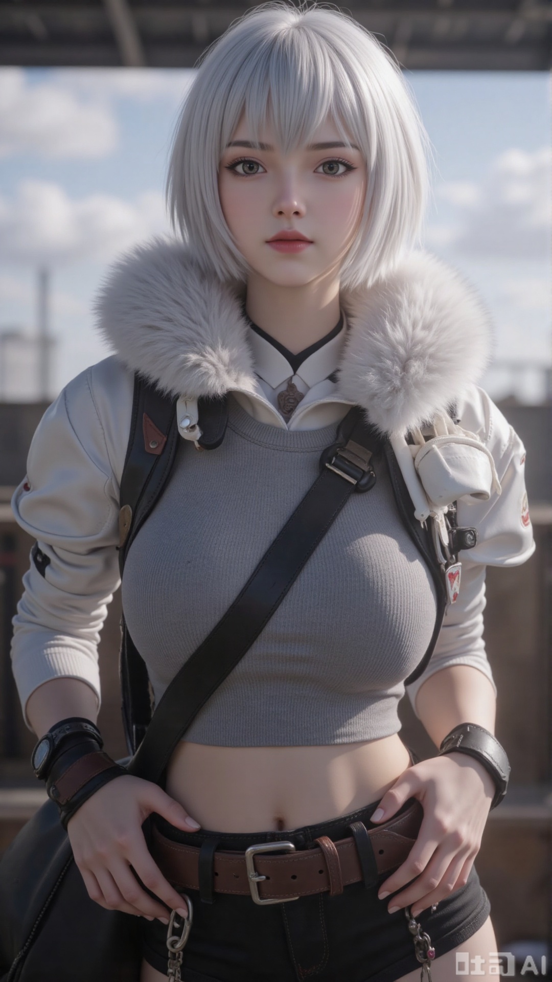 1girl, solo, spacesuit, white short hair, mischevious smile, perfect body, scenery, sharp focus, best quality, masterpiece, detailed outfit, illustration, perfect eyes, finely detailed beautiful anime eyes, realistic skin, intricate details, best lighting, depth of field, ultra high resolution, cowboy shot