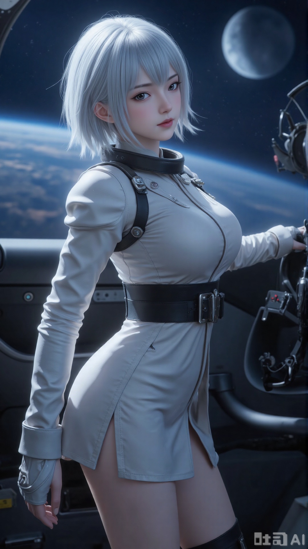 1girl, solo, astronaut, spacesuit, cockpit, science fiction, (space:0.9),solo, from behind, moon, star \(sky\), floating, space, planet, earth \(planet\), spacesuit, astronaut, white short hair, mischevious smile, perfect body, scenery, sharp focus, best quality, masterpiece, detailed outfit, illustration, perfect eyes, finely detailed beautiful anime eyes, realistic skin, intricate details, best lighting, depth of field, ultra high resolution, cowboy shot