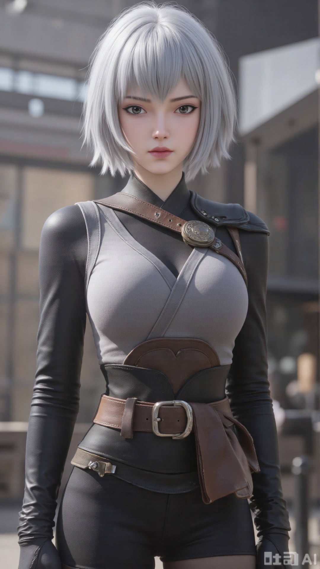 1girl, solo, spacesuit, white short hair, mischevious smile, perfect body, scenery, sharp focus, best quality, masterpiece, detailed outfit, illustration, perfect eyes, finely detailed beautiful anime eyes, realistic skin, intricate details, best lighting, depth of field, ultra high resolution, cowboy shot