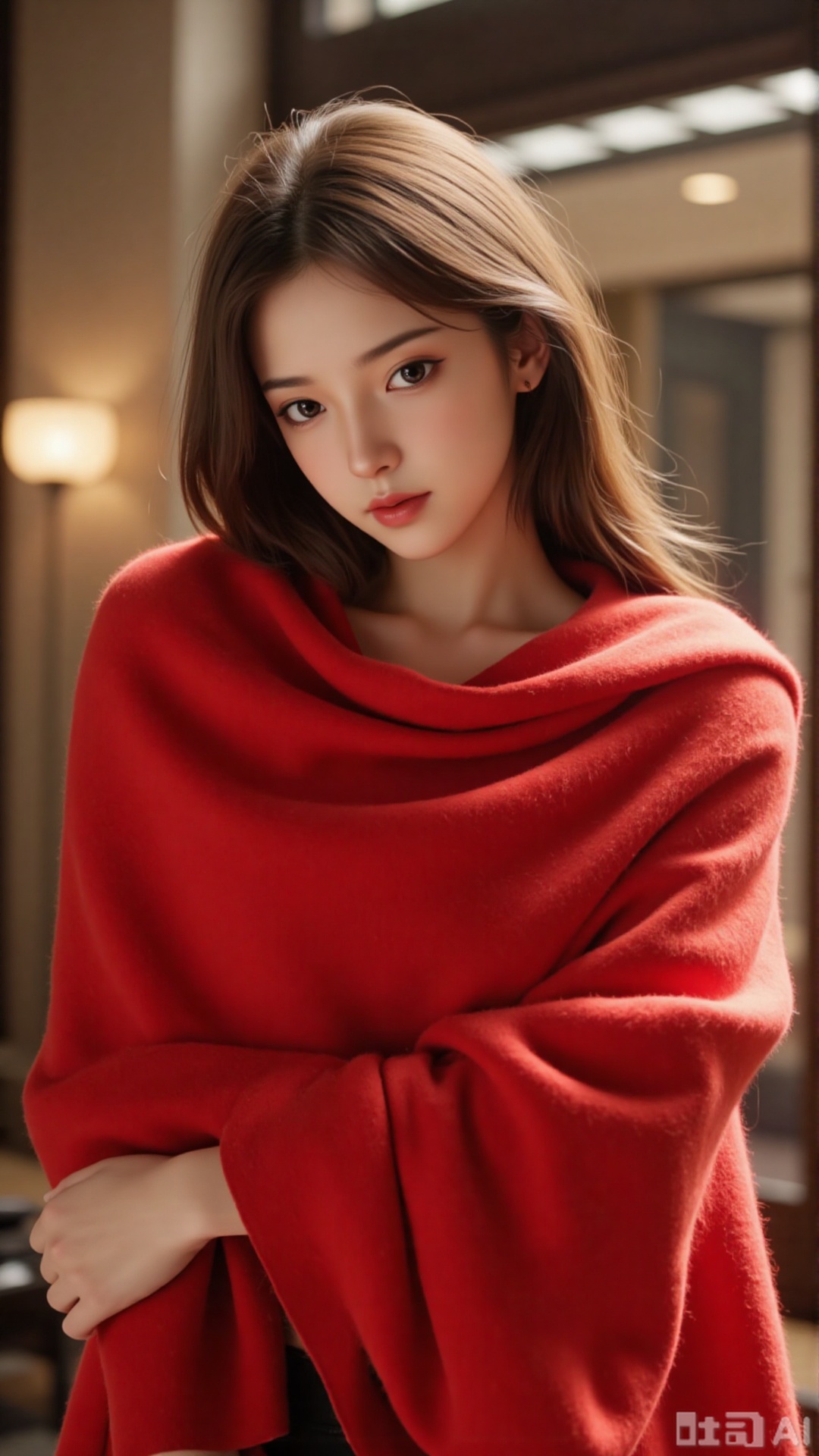 A stunning 18-year-old Chinese woman wraps herself in a vibrant red scarf, posing seductively against a sleek, modern backdrop. Soft, golden lighting accentuates her porcelain complexion and luscious locks. The camera captures the dramatic play of shadows on her features as she confidently flaunts her curves.