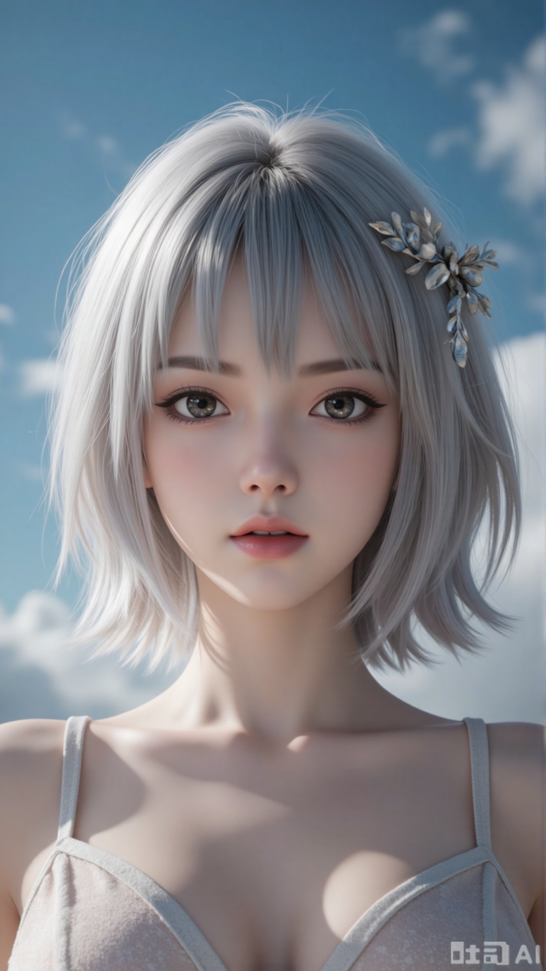 Very detailed face, extremely detailed eyes and face, (vacuum), 8K wallpaper, light leak, beautiful and detailed girl, extremely detailed CGUnity8K wallpaper, an extremely detailed and beautiful, beautiful and detailed eyes, masterpiece, best quality, Real photo level, (frontal shooting panoramic perspective), ( (Full body photo)), dynamic angle, dynamic pose, solo, ancient style silver hairpin with petals, blue sky and white clouds, (C cup), (huge round breasts), slender legs, super good figure, stunning beauty, (whole body in the mirror) , (wearing Lolita nightgown), (light reflects the shadow of the body through the clothes),vacuum,bare and smooth
