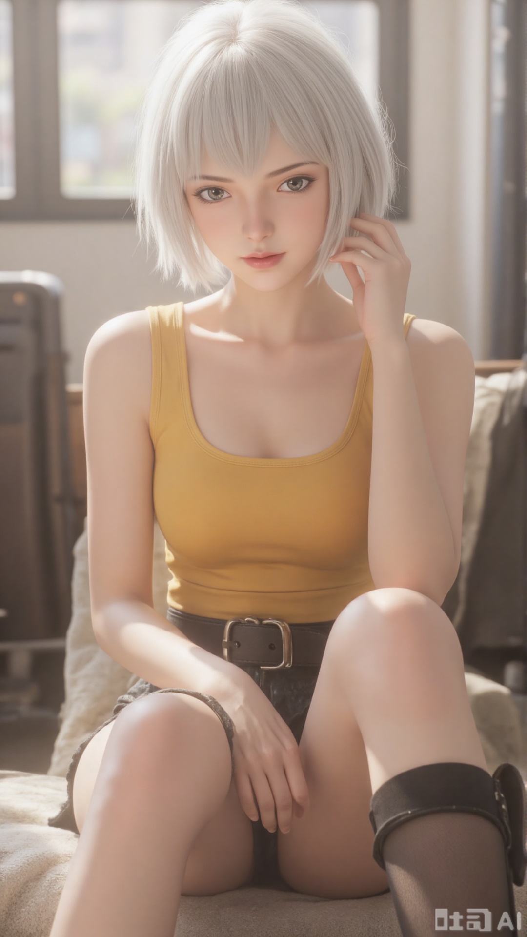 1girl, solo, crop top, yellow camisole, white short hair, mischevious smile, perfect body, scenery, sharp focus, best quality, masterpiece, detailed outfit, illustration, perfect eyes, finely detailed beautiful anime eyes, realistic skin, intricate details, best lighting, depth of field, ultra high resolution, sitting 
