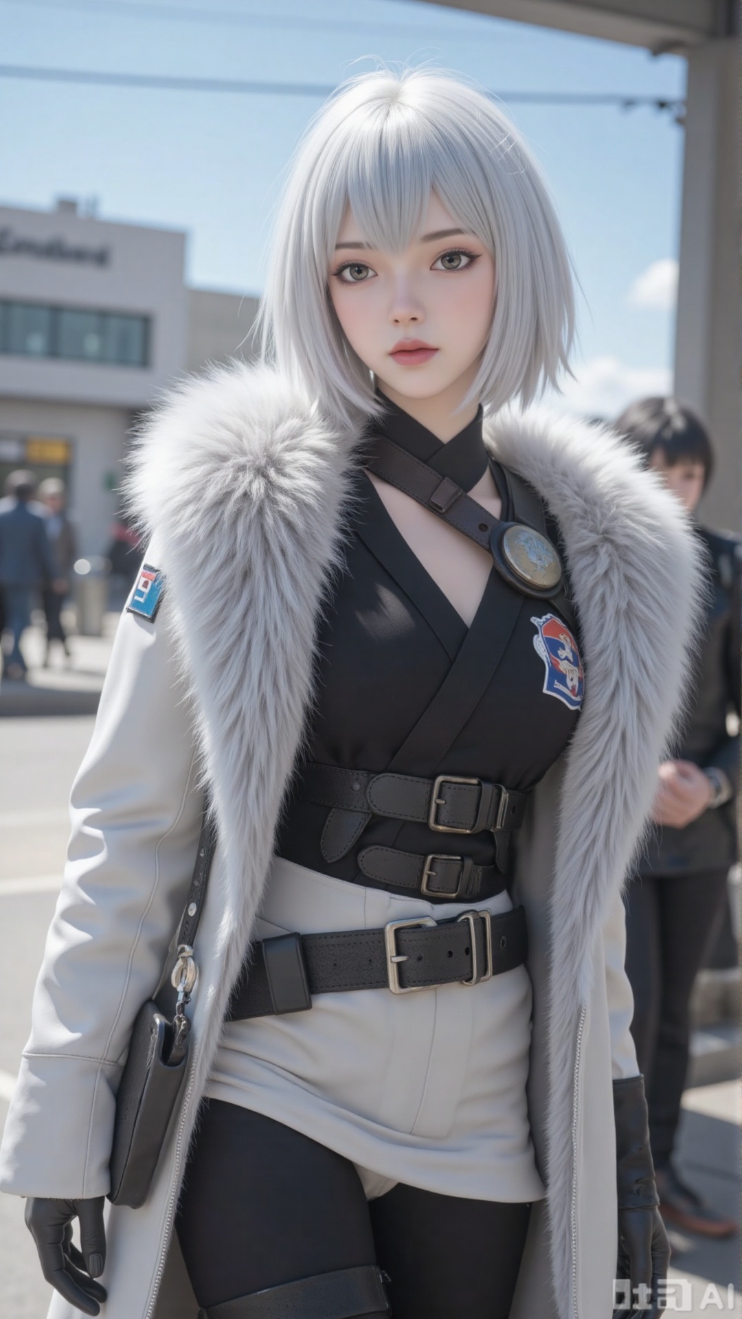 1girl, solo, spacesuit, white short hair, mischevious smile, perfect body, scenery, sharp focus, best quality, masterpiece, detailed outfit, illustration, perfect eyes, finely detailed beautiful anime eyes, realistic skin, intricate details, best lighting, depth of field, ultra high resolution, cowboy shot