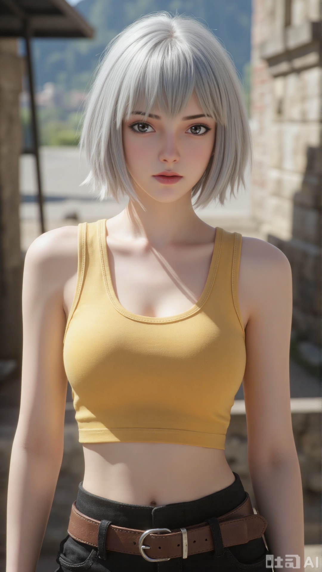 1girl, solo, crop top, yellow camisole, white short hair, mischevious smile, perfect body, scenery, sharp focus, best quality, masterpiece, detailed outfit, illustration, perfect eyes, finely detailed beautiful anime eyes, realistic skin, intricate details, best lighting, depth of field, ultra high resolution, cowboy shot