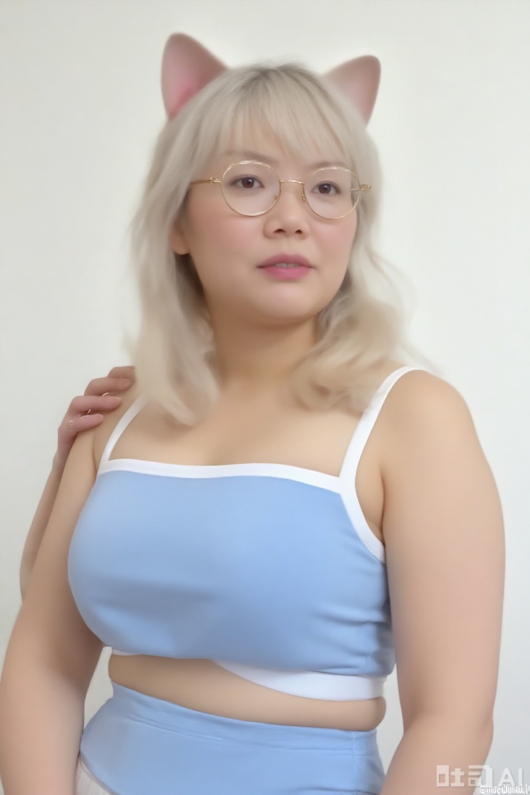 She has huge breasts,It was a picture of a young woman with a slim build and fair skin,wearing a tight blue vest with a white border on her chest. Her shoulder straps were thin and delicate,accentuating her large boobs. She has shoulder-length platinum blonde hair,slightly wavy,and cat ears on her head,suggesting a cosplay or anime theme. Her eyes were striking pink,and she wore thin,round glasses whose frames were delicate gold. The background is a plain,light-colored wall that ensures the focus is always on the subject. The light is soft and diffuse,accentuating the texture of her hair and smooth skin. She put one hand on her shoulder and the other hand relaxed beside her,in a casual and confident gesture. The overall style of the photo is modern and stylish,emphasizing the playful and cute aesthetic of the subject.,