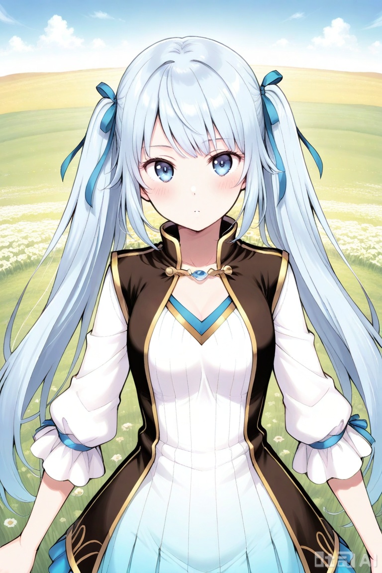 1girl, solo, greyish blue eyes, light blue hair, long hair, straight fringe, twin tails,,white and blue gradient dress, vertical stripe pattern, long sleeve dress, golden trim, short skirt, V-neckline, hair ribbon, short fantasy dress, white and blue outfit, sleeveless gold-trimmed vest, sleeveless waistcoat, waistcoat with gold lining, 雪魅,upper body,looking at viewer,in a meadow,in a meadow,