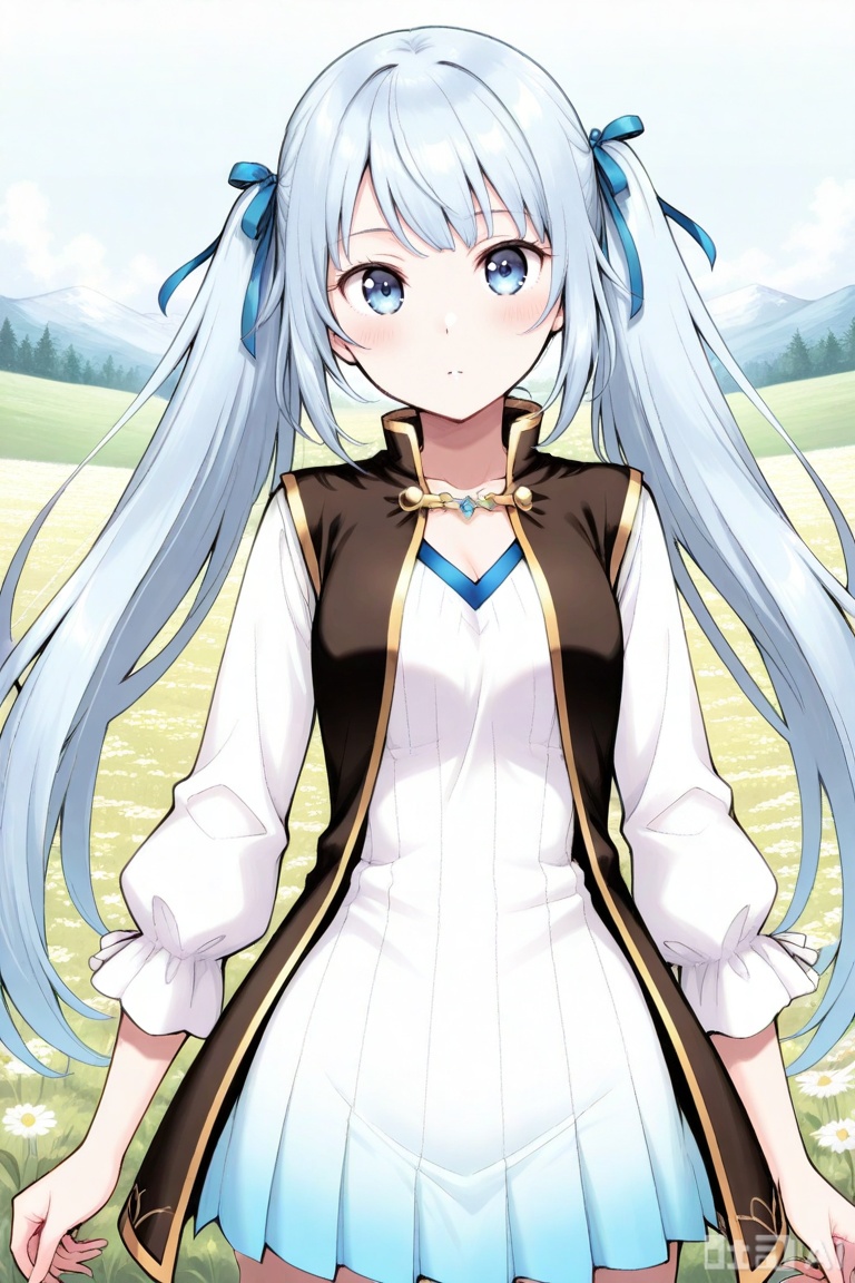 1girl, solo, greyish blue eyes, light blue hair, long hair, straight fringe, twin tails,,white and blue gradient dress, vertical stripe pattern, long sleeve dress, golden trim, short skirt, V-neckline, hair ribbon, short fantasy dress, white and blue outfit, sleeveless gold-trimmed vest, sleeveless waistcoat, waistcoat with gold lining, 雪魅,upper body,looking at viewer,in a meadow,in a meadow,