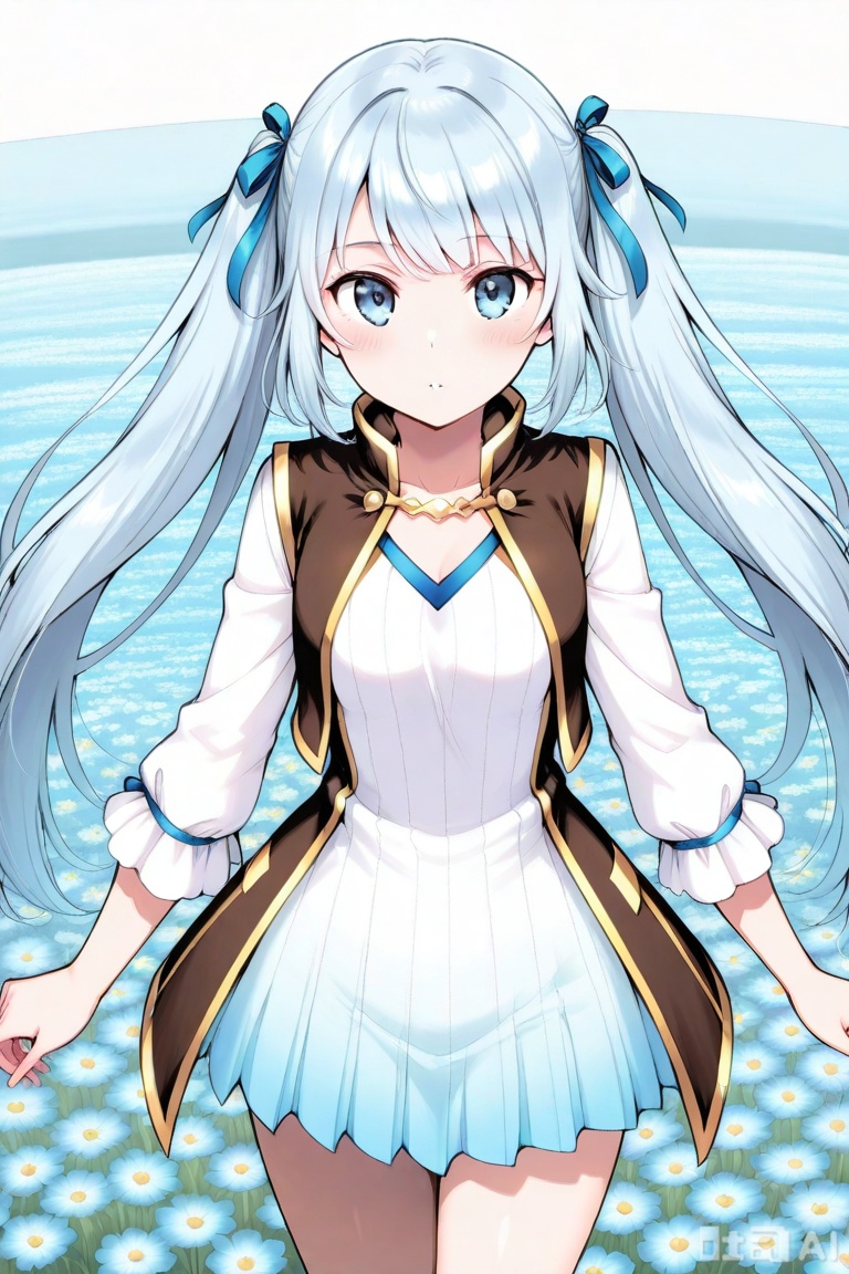 1girl, solo, greyish blue eyes, light blue hair, long hair, straight fringe, twin tails,,white and blue gradient dress, vertical stripe pattern, long sleeve dress, golden trim, short skirt, V-neckline, hair ribbon, short fantasy dress, white and blue outfit, sleeveless gold-trimmed vest, sleeveless waistcoat, waistcoat with gold lining, 雪魅,upper body,looking at viewer,in a meadow,in a meadow,