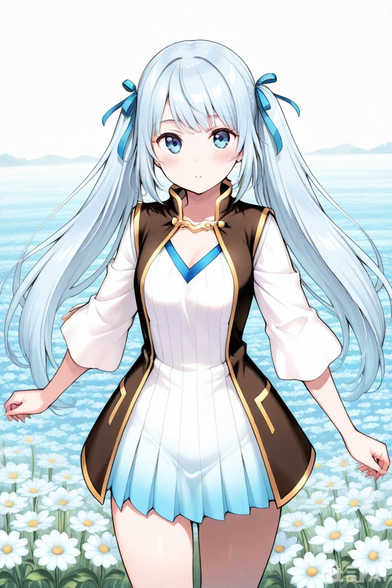 1girl, solo, greyish blue eyes, light blue hair, long hair, straight fringe, twin tails,,white and blue gradient dress, vertical stripe pattern, long sleeve dress, golden trim, short skirt, V-neckline, hair ribbon, short fantasy dress, white and blue outfit, sleeveless gold-trimmed vest, sleeveless waistcoat, waistcoat with gold lining, 雪魅,upper body,looking at viewer,in a meadow,in a meadow,