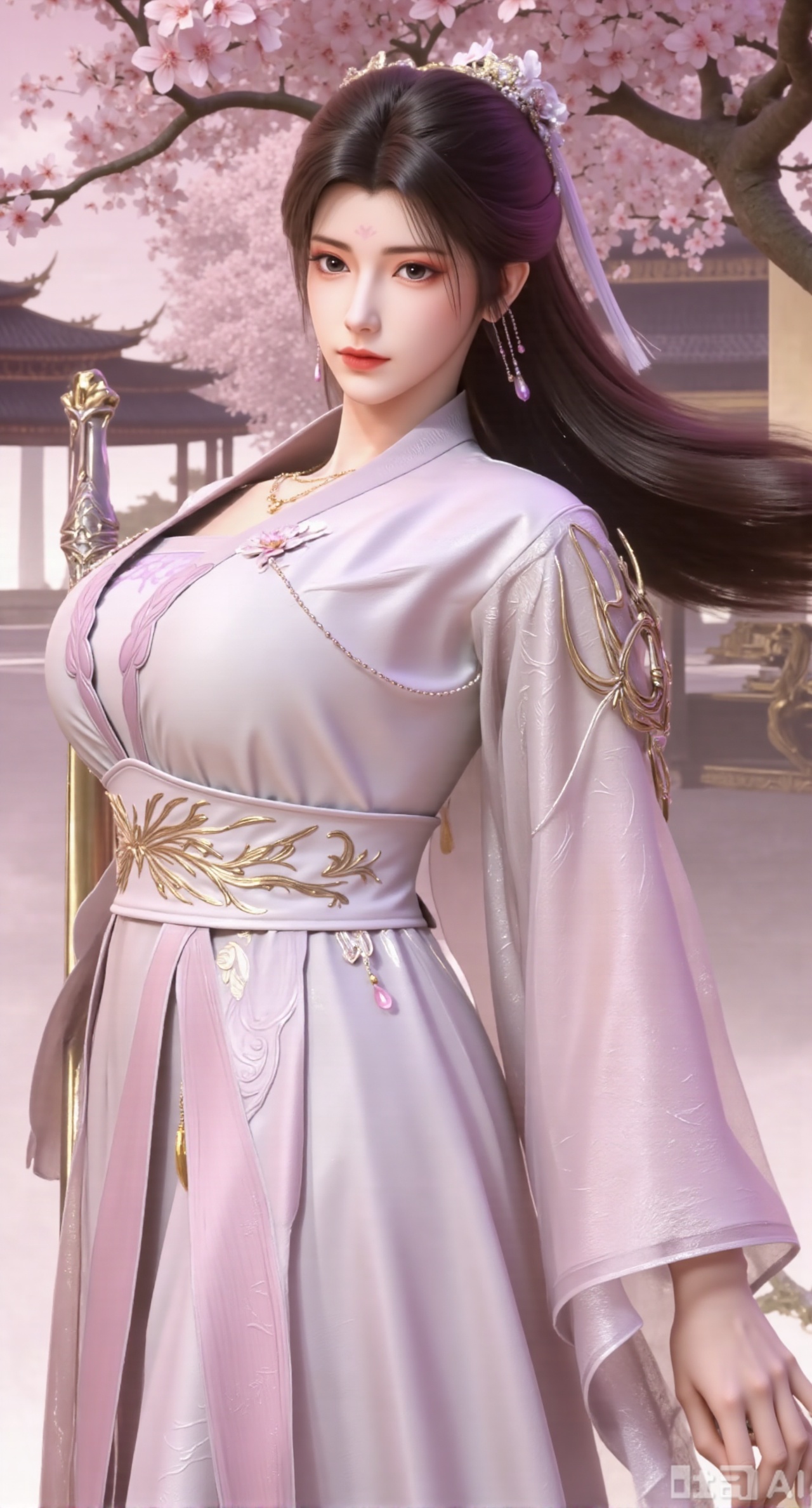 (masterpiece, best quality:1.2),1girl, solo, long hair,,(light pink long dress),, looking at viewer, hair ornament, bare shoulders, jewelry, purple eyes, long hair, flower, earrings, outdoors, parted lips, necklace, hand on hip, petals, hanfu dress, cherry blossoms, long dress, architecture, east asian architecture, falling petals,(gigantic breasts:2.99),(full breasts:2.99),Xbaozhiyinhuaqun,Xlonger,Xxiaoli,Xtangheziqun,Xyunyunshouban,XgangshouCOS,Xgangshou,XQueenMedusa,XyunxiaoYH3,XmengkeerX3,XMkeerX3