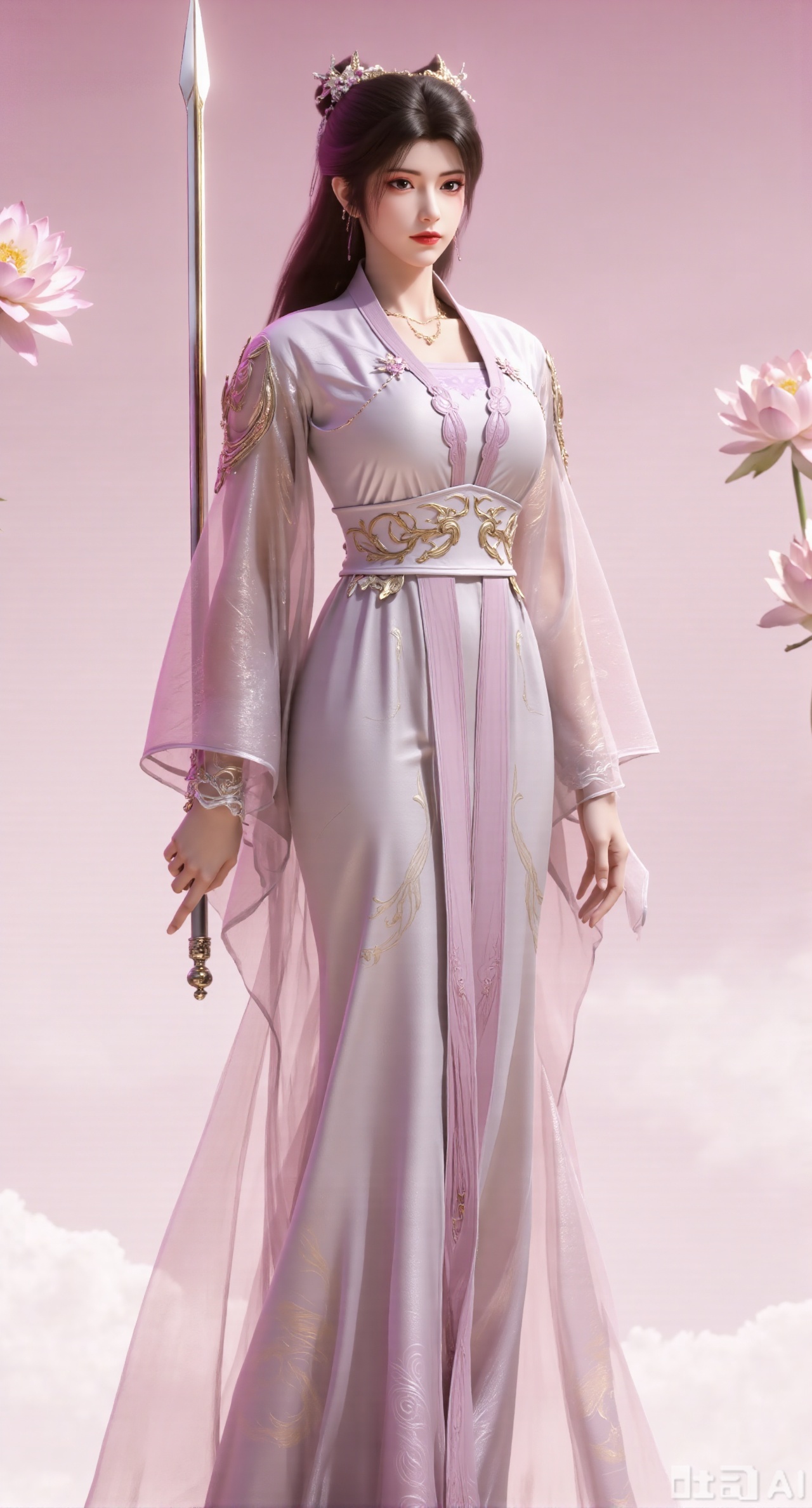 (masterpiece, best quality:1.2),1girl, navel, solo, midriff, bare shoulders, hair ornament,(long hair),(High double ponytail:1.49), red lips, BREAK, (looking at viewer:1.39), chinese clothes,(Holographic pink dress:1.36), (lace,Rainbow Gradient Color:1.28), BREAK,blurry, solo focus, long hair, lips, daytime, lipstick, outdoors, standing,upper body,(huge breasts:2.89), background, solo, makeup,(Stockings, high heels:1.29),(huge breasts:2.99),(full breasts:2.99),,(Background with lotus pond and pink lotus flowers:1.39),,Xbaozhiyinhuaqun,Xlonger,Xxiaoli,Xtangheziqun,Xyunyunshouban,XgangshouCOS,Xgangshou,XQueenMedusa,XyunxiaoYH3,XmengkeerX3,XMkeerX3