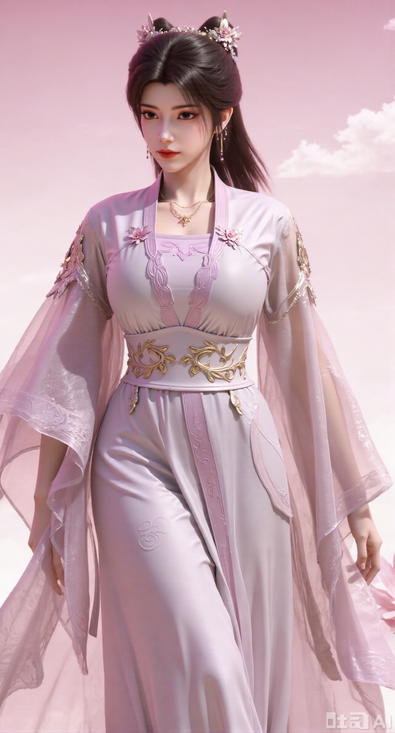 (masterpiece, best quality:1.2),1girl, navel, solo, midriff, bare shoulders, hair ornament,(long hair),(High double ponytail:1.49), red lips, BREAK, (looking at viewer:1.39), chinese clothes,(Holographic pink dress:1.36), (lace,Rainbow Gradient Color:1.28), BREAK,blurry, solo focus, long hair, lips, daytime, lipstick, outdoors, standing,upper body,(huge breasts:2.89), background, solo, makeup,(Stockings, high heels:1.29),(huge breasts:2.99),(full breasts:2.99),,(Background with lotus pond and pink lotus flowers:1.39),,Xbaozhiyinhuaqun,Xlonger,Xxiaoli,Xtangheziqun,Xyunyunshouban,XgangshouCOS,Xgangshou,XQueenMedusa,XyunxiaoYH3,XmengkeerX3,XMkeerX3