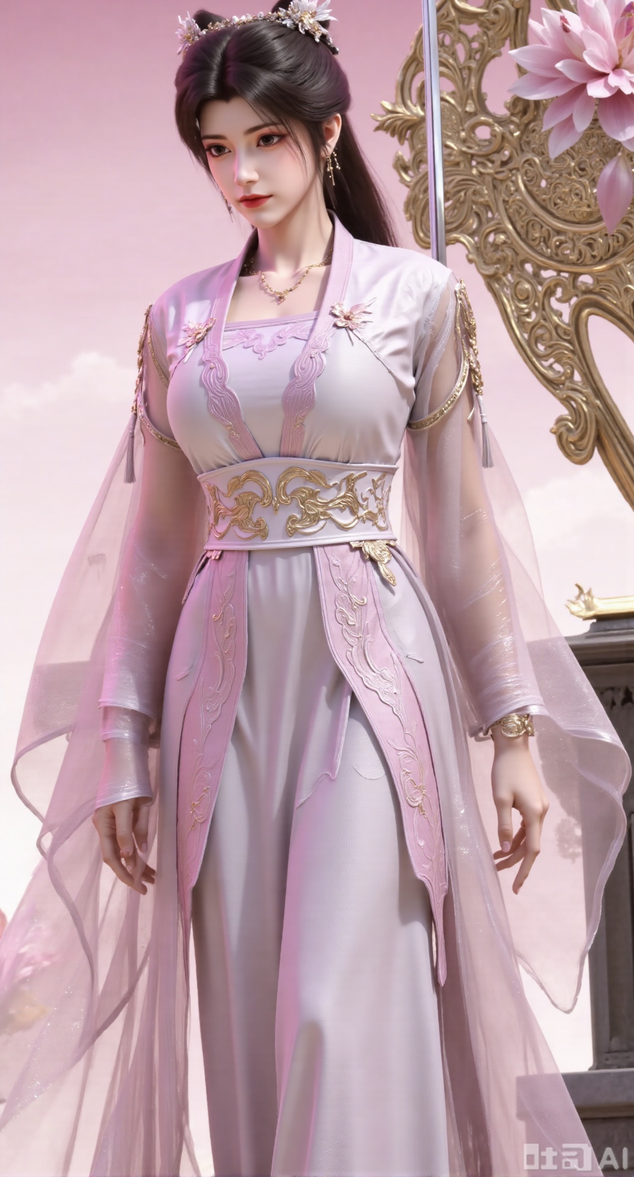 (masterpiece, best quality:1.2),1girl, navel, solo, midriff, bare shoulders, hair ornament,(long hair),(High double ponytail:1.49), red lips, BREAK, (looking at viewer:1.39), chinese clothes,(Holographic pink dress:1.36), (lace,Rainbow Gradient Color:1.28), BREAK,blurry, solo focus, long hair, lips, daytime, lipstick, outdoors, standing,upper body,(huge breasts:2.89), background, solo, makeup,(Stockings, high heels:1.29),(huge breasts:2.99),(full breasts:2.99),,(Background with lotus pond and pink lotus flowers:1.39),,Xbaozhiyinhuaqun,Xlonger,Xxiaoli,Xtangheziqun,Xyunyunshouban,XgangshouCOS,Xgangshou,XQueenMedusa,XyunxiaoYH3,XmengkeerX3,XMkeerX3