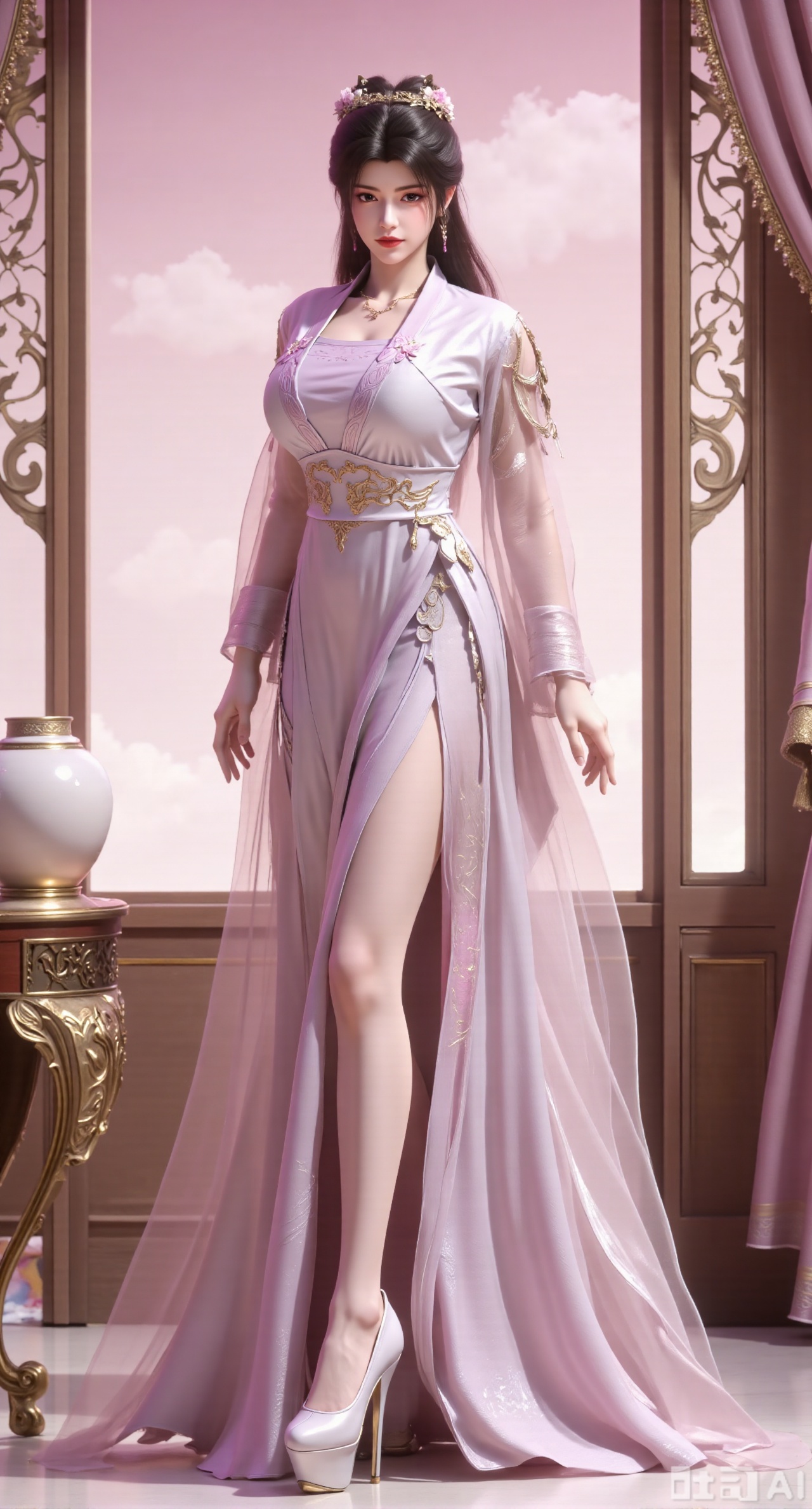 (masterpiece:1.2),Ultra clear, 8k, 1girl, solo, long hair, looking at viewer, bangs,pink long dress,, bare shoulders, jewelry, black hair, standing, purple eyes, full body, flower, thighs, indoors, hair bun, long dress, high heels, cup, see-through, book, bare legs, window, table, white footwear, standing on one leg, curtains, pink flower, side slit, vase, ,(huge breasts:2.99),(full breasts:2.99),Xbaozhiyinhuaqun,Xlonger,Xxiaoli,Xtangheziqun,Xyunyunshouban,XgangshouCOS,Xgangshou,XQueenMedusa,XyunxiaoYH3,XmengkeerX3,XMkeerX3