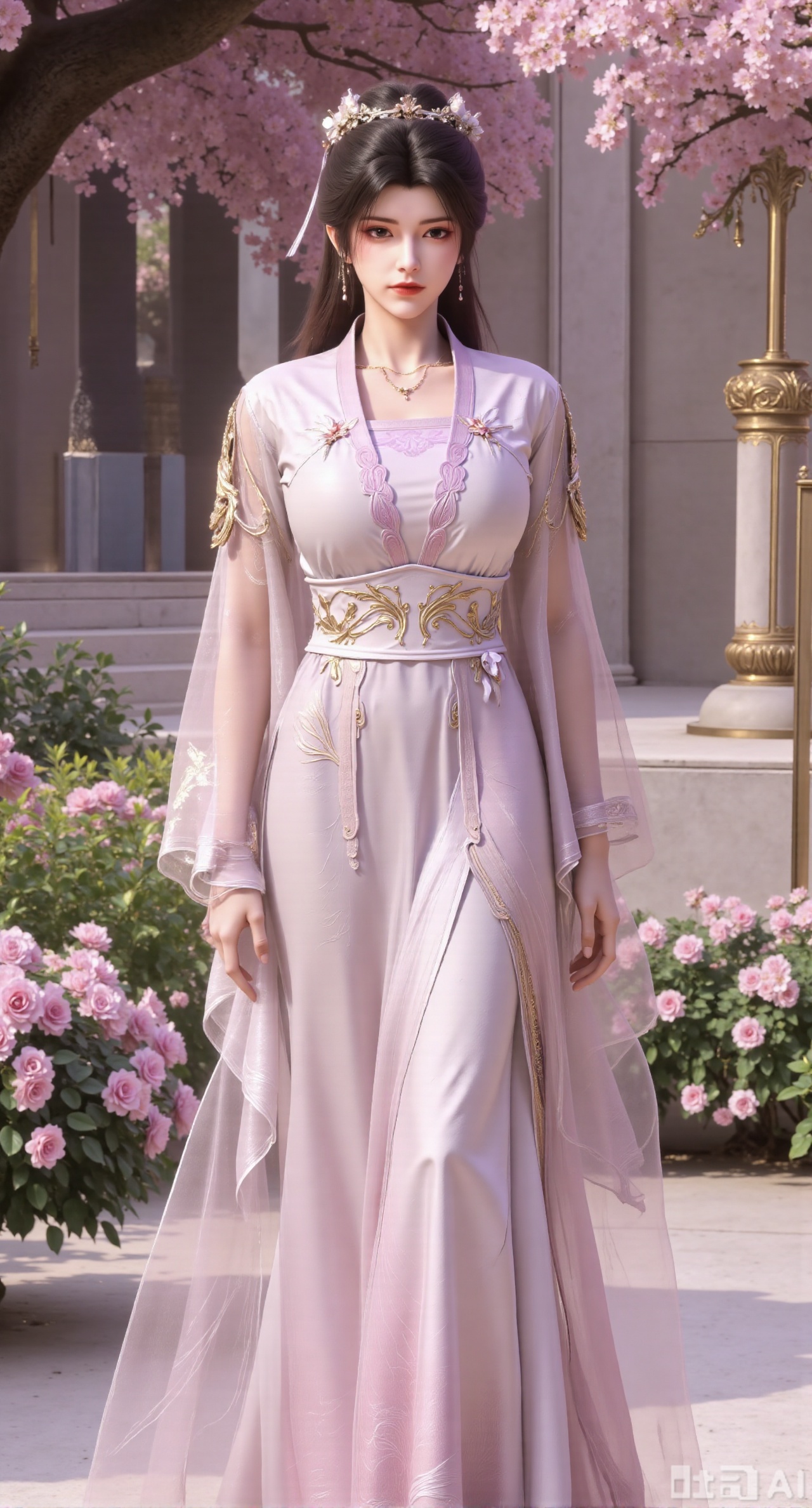 (masterpiece:1.2),best quality,,A woman ,(light pink long dress). black Stockings, high heels,A garden filled with pink roses and lush greenery. Soft pastel hues of white,blue,and green,creating a serene atmosphere. Photorealistic photography.,,(huge breasts:2.99),(full breasts:2.99),,Xbaozhiyinhuaqun,Xlonger,Xxiaoli,Xtangheziqun,Xyunyunshouban,XgangshouCOS,Xgangshou,XQueenMedusa,XyunxiaoYH3,XmengkeerX3,XMkeerX3