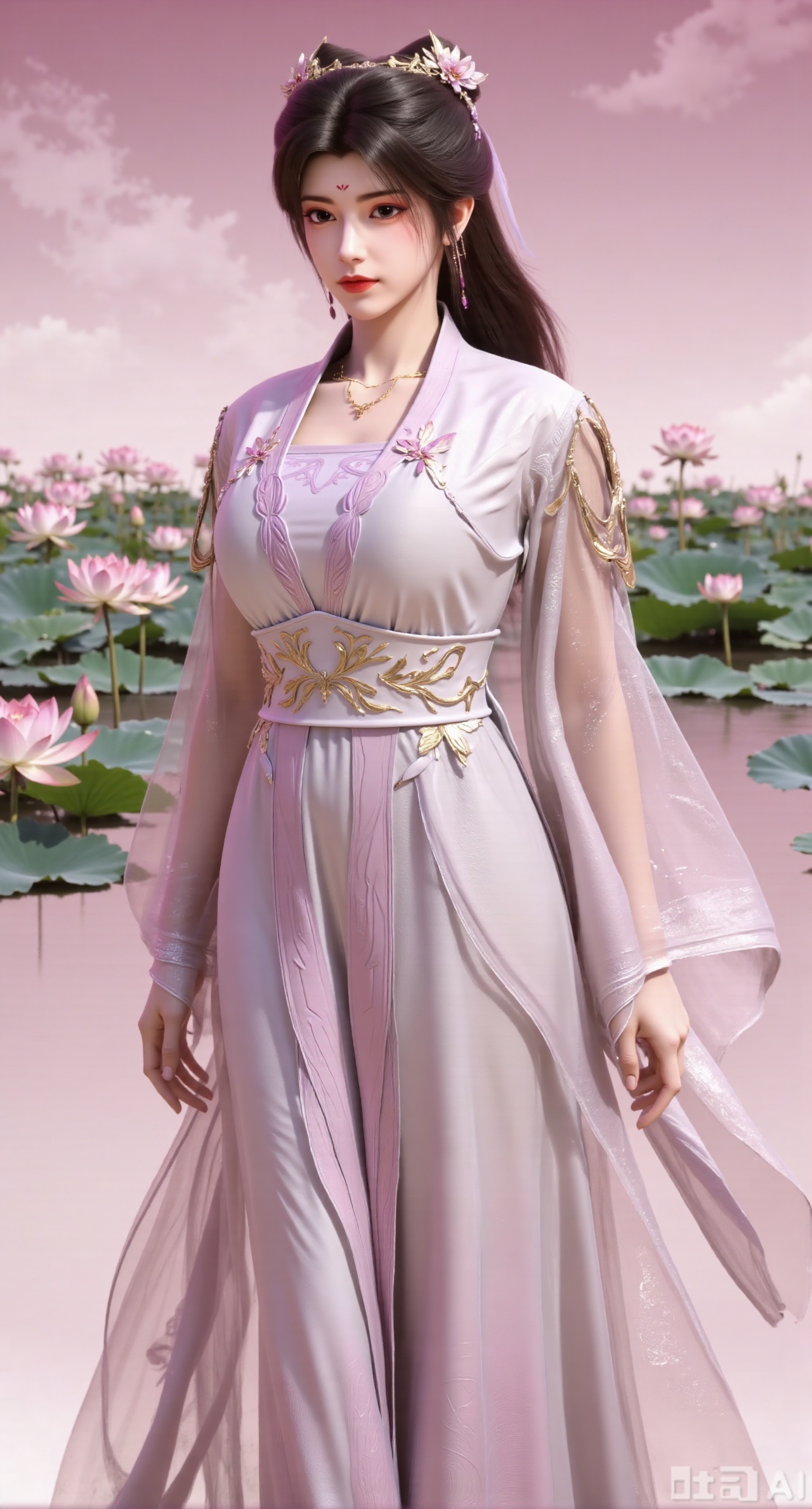 (masterpiece, best quality:1.2),1girl, navel, solo, midriff, bare shoulders, hair ornament,(long hair),(High double ponytail:1.49), red lips, BREAK, (looking at viewer:1.39), chinese clothes,(Holographic pink dress:1.36), (lace,Rainbow Gradient Color:1.28), BREAK,blurry, solo focus, long hair, lips, daytime, lipstick, outdoors, standing,upper body,(huge breasts:2.89), background, solo, makeup,(Stockings, high heels:1.29),(huge breasts:2.99),(full breasts:2.99),,(Background with lotus pond and pink lotus flowers:1.39),,Xbaozhiyinhuaqun,Xlonger,Xxiaoli,Xtangheziqun,Xyunyunshouban,XgangshouCOS,Xgangshou,XQueenMedusa,XyunxiaoYH3,XmengkeerX3,XMkeerX3