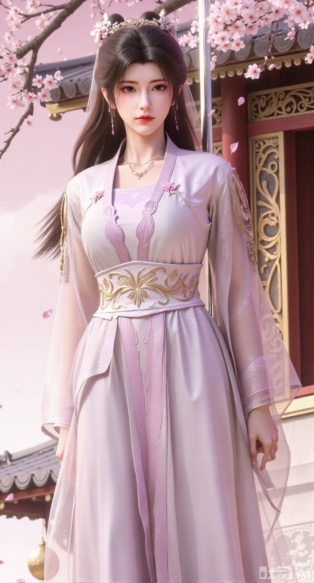 (masterpiece, best quality:1.2),1girl, solo, long hair,,(light pink long dress),, looking at viewer, hair ornament, bare shoulders, jewelry, purple eyes, long hair, flower, earrings, outdoors, parted lips, necklace, hand on hip, petals, hanfu dress, cherry blossoms, long dress, architecture, east asian architecture, falling petals,(gigantic breasts:2.99),(full breasts:2.99),Xbaozhiyinhuaqun,Xlonger,Xxiaoli,Xtangheziqun,Xyunyunshouban,XgangshouCOS,Xgangshou,XQueenMedusa,XyunxiaoYH3,XmengkeerX3,XMkeerX3