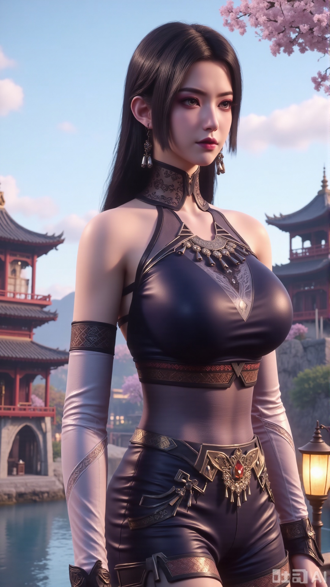  (masterpiece, best quality:1.2),1 girl, solo, long hair, black hair, hair accessories, clothing, cleavage cuts, long dress, jewelry, upper body, earrings. Background is outdoor, sky, clouds, water, trees, architecture, landscape, lantern, mountain, dragon, architecture, bridge, east Asian architecture, fog, pagoda,(huge breasts:2.99),(full breasts:2.99),,Xaili2,XyunxiaoYH5,XlinziyueXZ,XtuliH,Xbigbreasts,XMedusaQueen