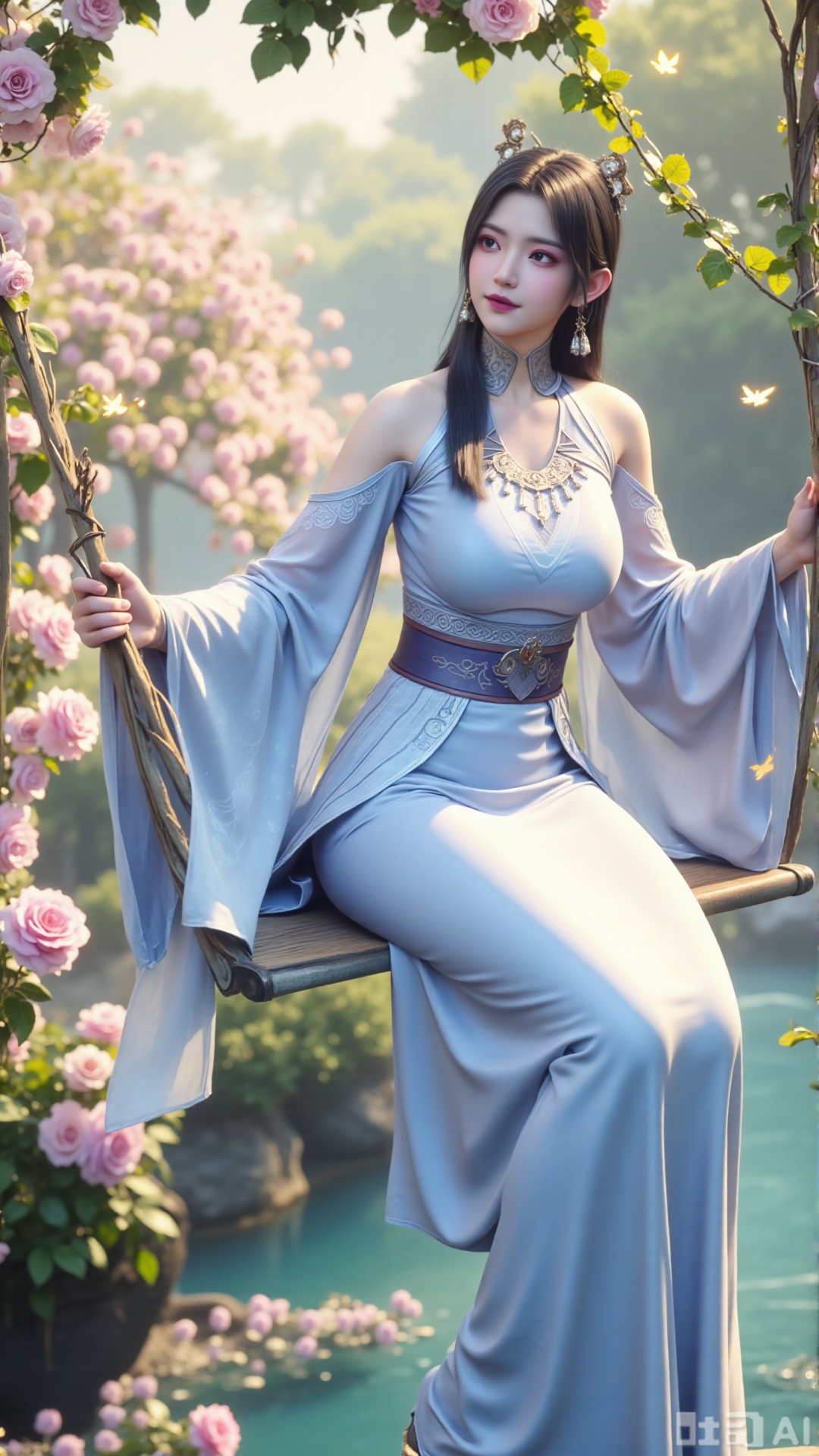 In a cinematic shot with soft sunlight filtering through petals, a delicate fairy-like beauty swings gently on a flower swing amidst a whimsical garden. She wears a pale blue hanfu with flowing wide sleeves and a translucent silk sash tied around her slender figure. Her long black hair with blue highlights cascades down her back, adorned with a pearl hairpin. A gentle smile plays on her innocent eyes as she floats above the flowers, surrounded by fluttering butterflies and golden pollen particles. Magical runes float in the air, casting an ethereal glow. Vines wrap around the ropes of the swing, intertwined with roses and morning glories. The pastel color palette and fantasy atmosphere evoke a sense of wonder and enchantment.,Xaili2,XyunxiaoYH5,XlinziyueXZ,XtuliH,Xbigbreasts,XMedusaQueen