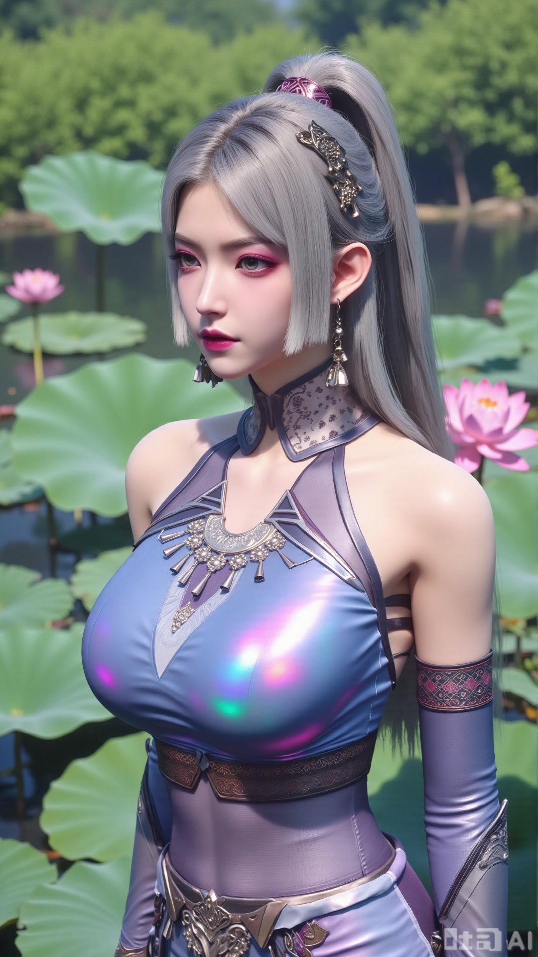 (masterpiece, best quality:1.2),1girl, navel, solo, midriff, bare shoulders, hair ornament,(long hair),(High double ponytail:1.49), red lips, BREAK, (looking at viewer:1.39), chinese clothes,(Holographic long dress:1.36), (lace,Rainbow Gradient Color:1.28), BREAK,blurry, solo focus, long hair, lips, daytime, lipstick, outdoors, standing,upper body,(huge breasts:2.89), background, solo, makeup,(Liquid glass style flowers:1.49),(huge breasts:2.99),(full breasts:2.99),,(Background with lotus pond and pink lotus flowers:1.39),Xaili2,XyunxiaoYH5,XlinziyueXZ,XtuliH,Xbigbreasts,XMedusaQueen