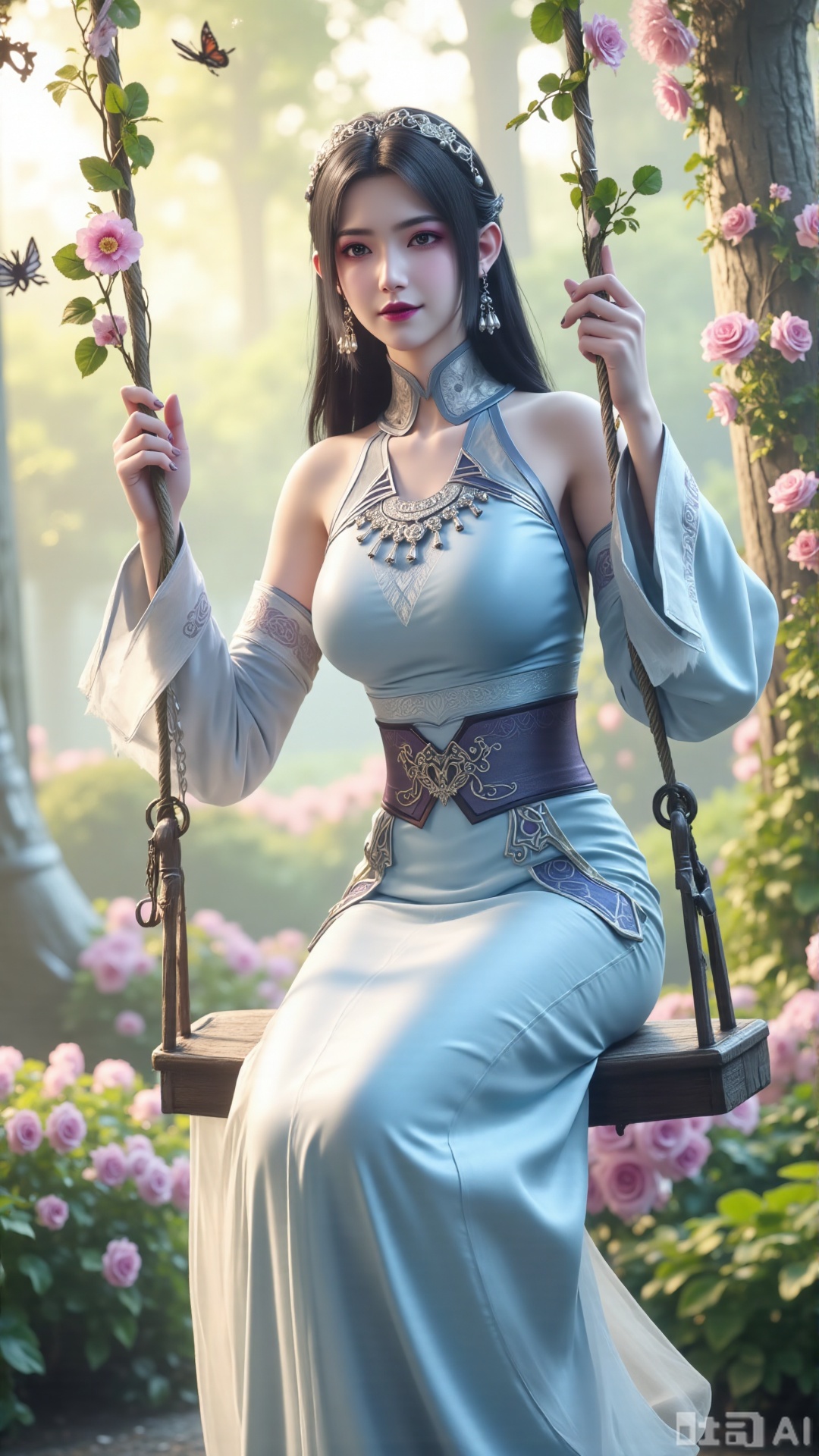 In a cinematic shot with soft sunlight filtering through petals, a delicate fairy-like beauty swings gently on a flower swing amidst a whimsical garden. She wears a pale blue hanfu with flowing wide sleeves and a translucent silk sash tied around her slender figure. Her long black hair with blue highlights cascades down her back, adorned with a pearl hairpin. A gentle smile plays on her innocent eyes as she floats above the flowers, surrounded by fluttering butterflies and golden pollen particles. Magical runes float in the air, casting an ethereal glow. Vines wrap around the ropes of the swing, intertwined with roses and morning glories. The pastel color palette and fantasy atmosphere evoke a sense of wonder and enchantment.,Xaili2,XyunxiaoYH5,XlinziyueXZ,XtuliH,Xbigbreasts,XMedusaQueen