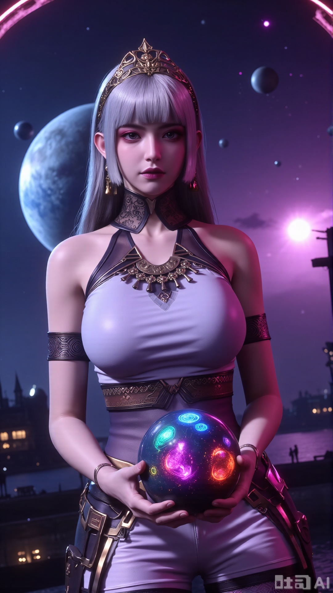  (masterpiece, best quality:1.2),Realistic details, ultra-clear, wallpaper, 8k, masterpiece, masterpiece, best quality, high quality, flowing long hair, exquisite hair accessories, headdresses, cyberpunk electronic luminous clothing, full body multi-luminous line light strips, cyberpunk luminous lines colorful. The sacred light, the cosmic space background, the planets of different colors around, the nebula flows, the stars twinkle, the golden willow branches stretch, holding an earth with both hands, the details of the earth's surface, the texture of mountains, rivers and oceans, the surrounding planets, planets of all sizes, traces of planets orbits, dreamy light and shadow effects.,(huge breasts:2.99),(full breasts:2.99),,Xaili2,XyunxiaoYH5,XlinziyueXZ,XtuliH,Xbigbreasts,XMedusaQueen