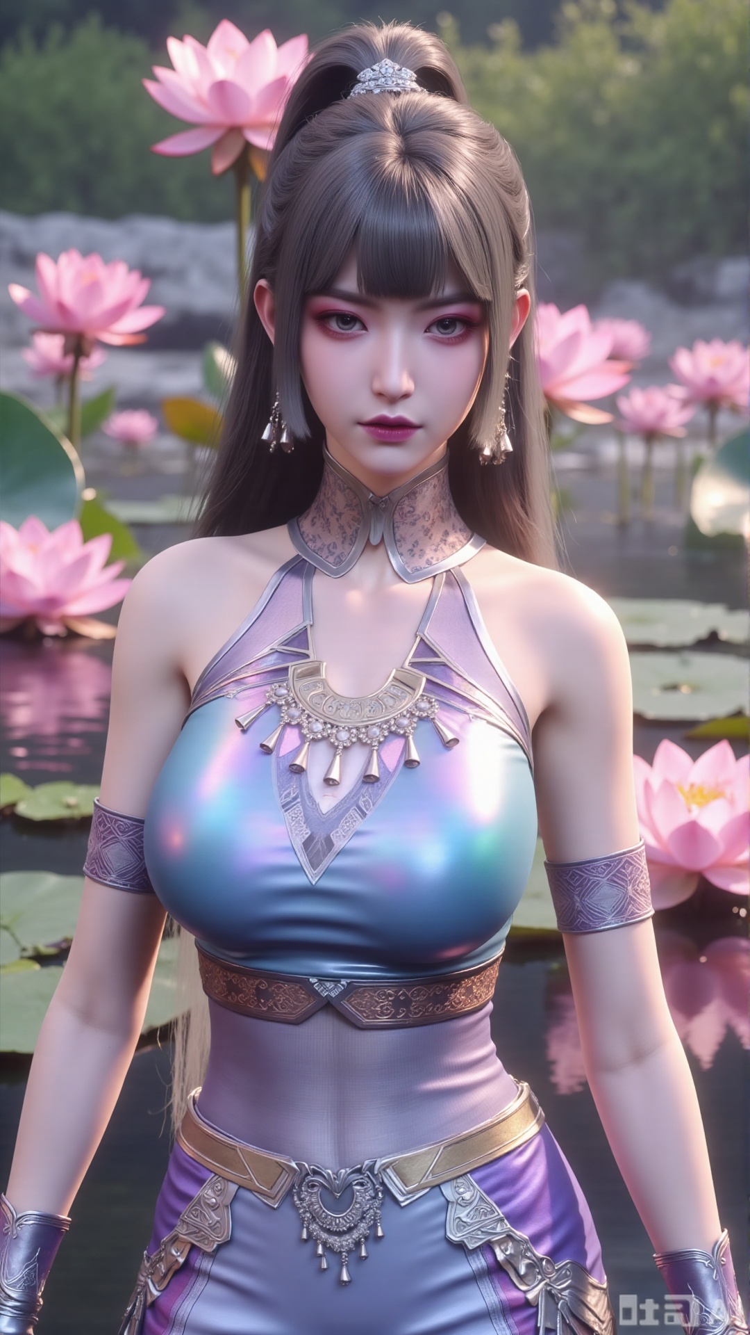 (masterpiece, best quality:1.2),1girl, navel, solo, midriff, bare shoulders, hair ornament,(long hair),(High double ponytail:1.49), red lips, BREAK, (looking at viewer:1.39), chinese clothes,(Holographic long dress:1.36), (lace,Rainbow Gradient Color:1.28), BREAK,blurry, solo focus, long hair, lips, daytime, lipstick, outdoors, standing,upper body,(huge breasts:2.89), background, solo, makeup,(Liquid glass style flowers:1.49),(huge breasts:2.99),(full breasts:2.99),,(Background with lotus pond and pink lotus flowers:1.39),Xaili2,XyunxiaoYH5,XlinziyueXZ,XtuliH,Xbigbreasts,XMedusaQueen