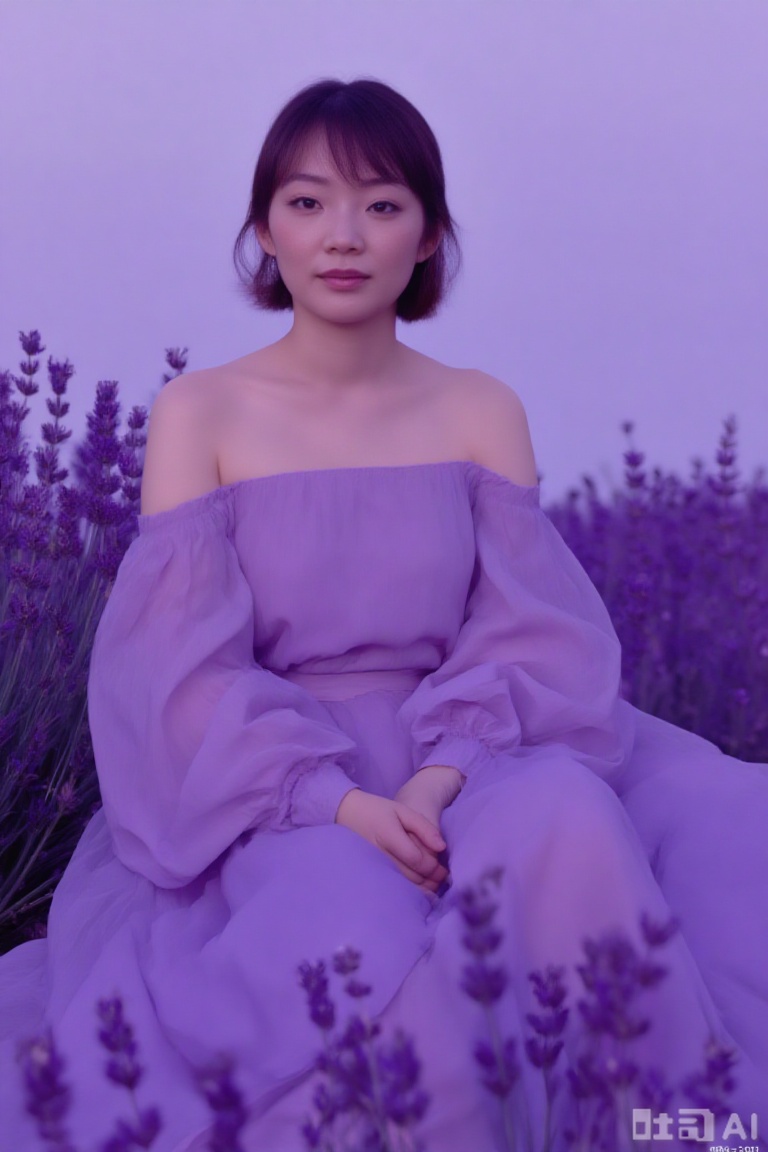 Full-body photograph of an woman with short hair,wearing a purple off-the-shoulder evening gown and sitting in a lavender field,with a purple ambient lighting. She has exquisite makeup on her face,soft lighting,high-definition photography,and a cinematic feel. Her facial expressions are delicate and elegant,Fashion photography,