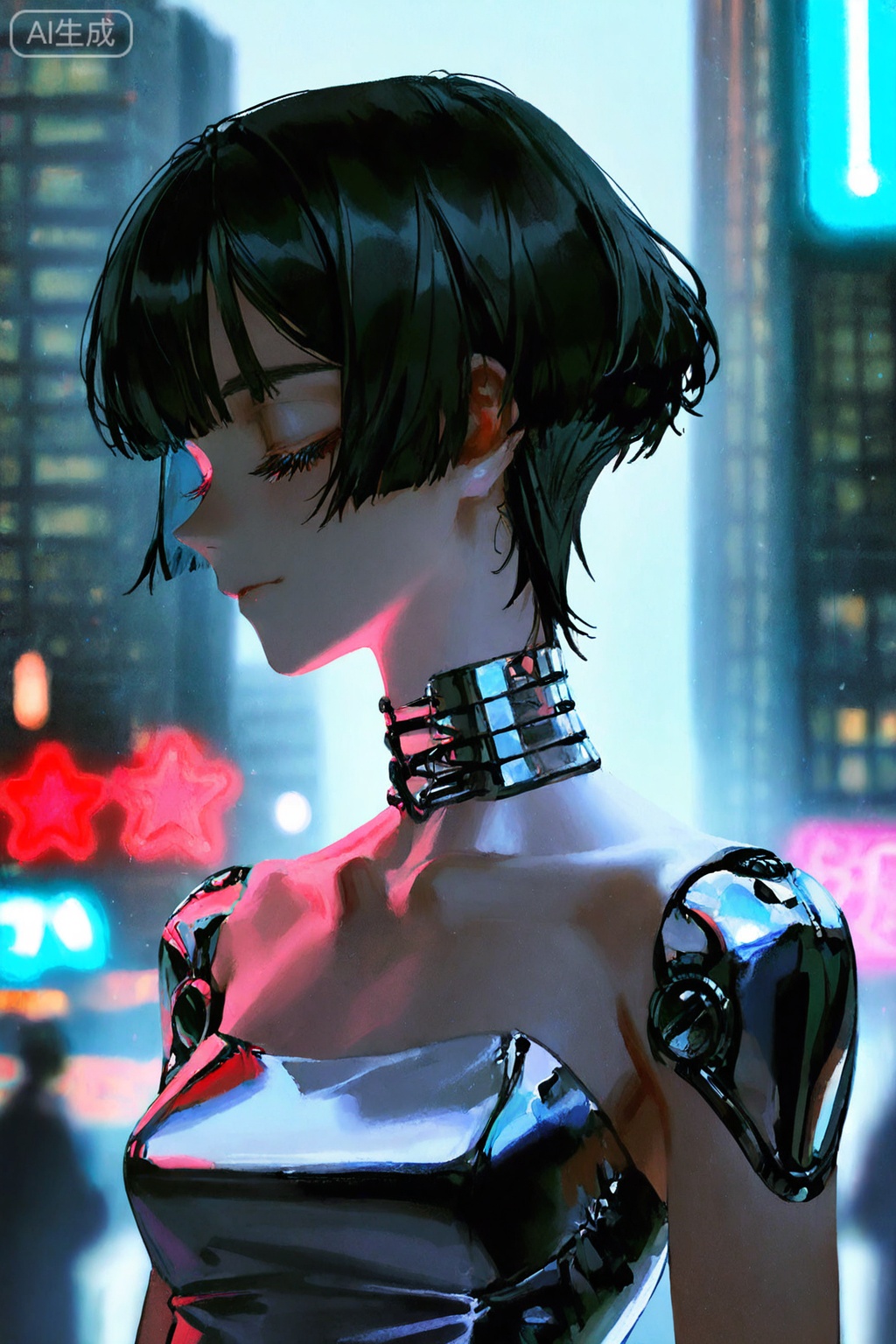Digital art,illustration,masterpiece,best quality,(artist:quasarcake:0.8),(wlop:0.6),(honjou raita,lack,rella,wanke:0.5),
Delicate eyes,delicate face,
Female android, sleek white and silver attire, closed eyes, serene expression, futuristic cityscape background, blurred neon lights, soft diffused lighting, digital art, tranquil atmosphere, glossy textures, smooth surfaces, clean lines, polished chrome, subtle reflections, high detail.