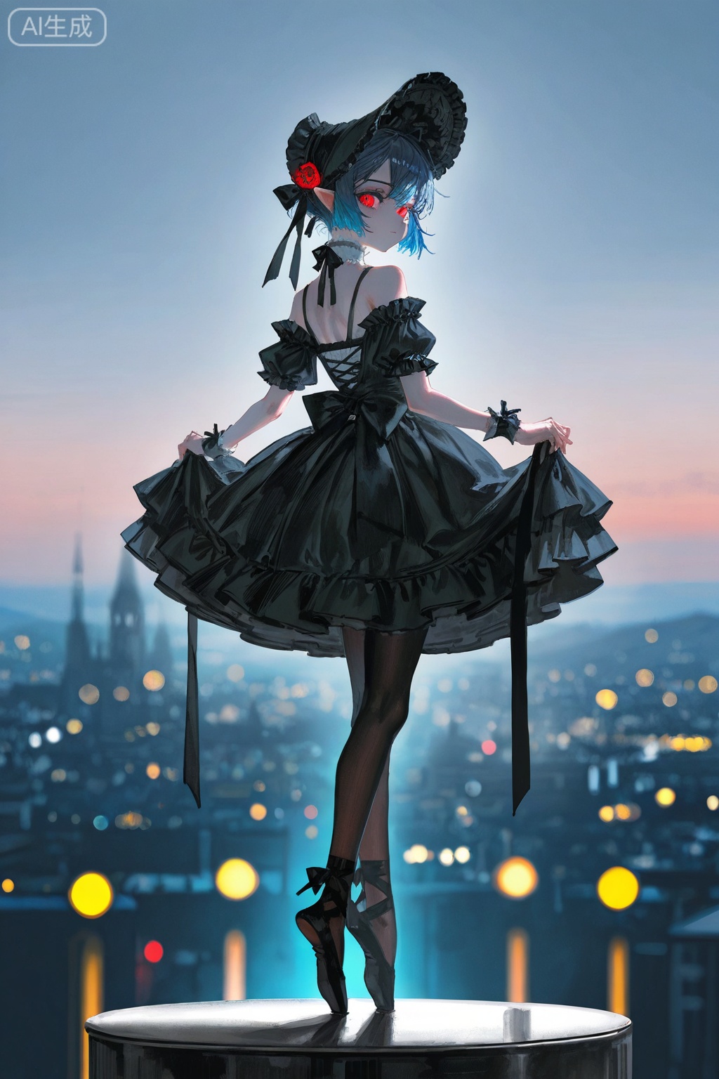 Digital art,illustration,masterpiece,best quality,(artist:quasarcake:0.8),(wlop:0.6),(honjou raita,lack,rella,wanke:0.5),
Delicate eyes,delicate face,1girl, solo, red eyes, blue hair, pantyhose, ballet slippers, short hair, dress, lolita fashion, tiptoes, looking back, gothic lolita, bonnet, ballerina, bare shoulders, black pantyhose, ribbon, looking at viewer,  This is a close-up image of an animated character in a stylized fantasy setting. The character appears to be female with large, expressive eyes and detailed, stylized hair. She has pointed ears, suggesting she might be part of a mythical or supernatural race. Her attire consists of a dark outfit with red accents and a white collar, giving her an elegant and perhaps aristocratic appearance. The background is out of focus but seems to represent a cityscape at nighttime, with glowing lights that create a warm ambiance. There's a blurred figure in the distance that adds depth to the scene. The lighting in the image highlights the character, casting a soft glow around her and drawing attention to her eyes and costume details. The overall artistic style is reminiscent of modern anime or fantasy video games, characterized by its vibrant colors and dynamic character poses. 