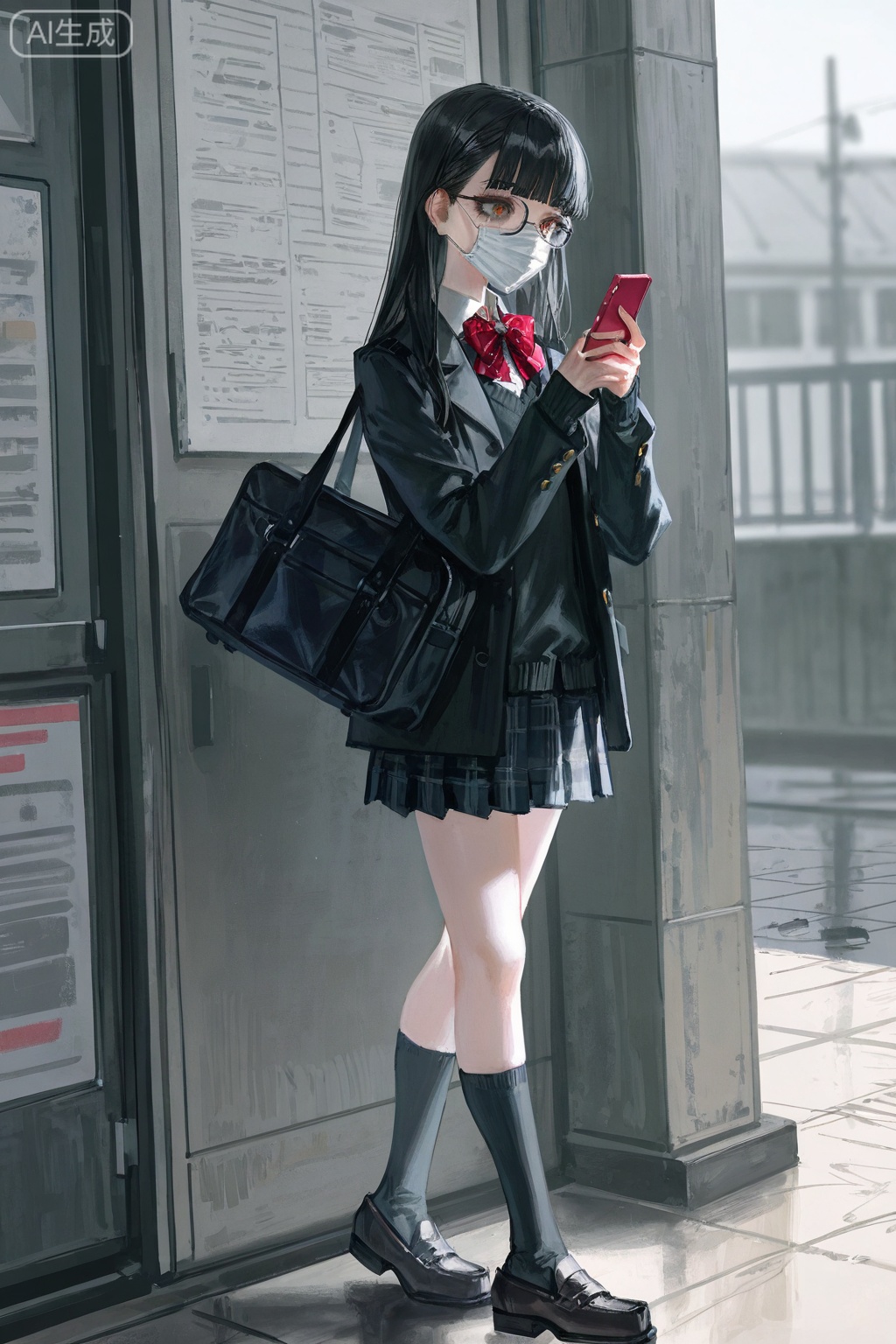 Digital art,illustration,masterpiece,best quality,(artist:quasarcake:0.8),(wlop:0.6),(honjou raita,lack,rella,wanke:0.5),
Delicate eyes,delicate face,1girl, mouth mask, phone, long hair, mask, cellphone, skirt, black hair, smartphone, holding phone, school uniform, solo, bangs, brown eyes, shoes, bag, holding, jacket, bow, blunt bangs, looking at phone, pleated skirt, socks, surgical mask, bowtie, full body, black jacket, loafers, plaid, school bag,  A girl in a black coat and glasses stands outdoors. She holds a cell phone. Her hairstyle is straight, parted to one side. The background is dimly lit, providing contrast to her dark attire. 