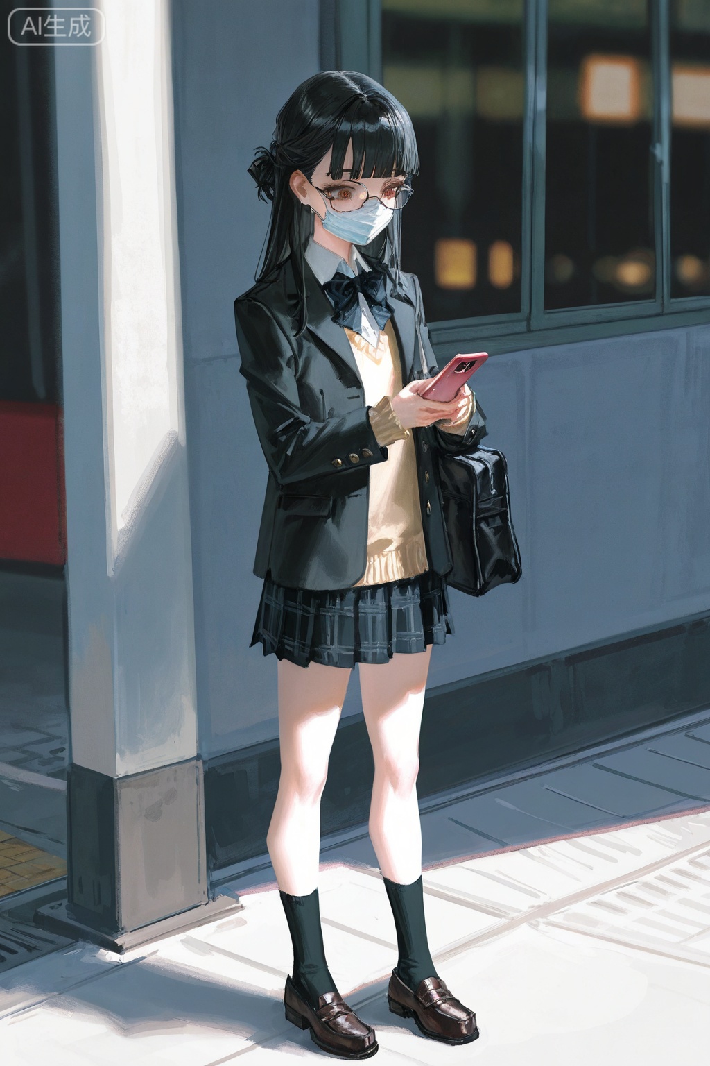 Digital art,illustration,masterpiece,best quality,(artist:quasarcake:0.8),(wlop:0.6),(honjou raita,lack,rella,wanke:0.5),
Delicate eyes,delicate face,1girl, mouth mask, phone, long hair, mask, cellphone, skirt, black hair, smartphone, holding phone, school uniform, solo, bangs, brown eyes, shoes, bag, holding, jacket, bow, blunt bangs, looking at phone, pleated skirt, socks, surgical mask, bowtie, full body, black jacket, loafers, plaid, school bag,  A girl in a black coat and glasses stands outdoors. She holds a cell phone. Her hairstyle is straight, parted to one side. The background is dimly lit, providing contrast to her dark attire. 