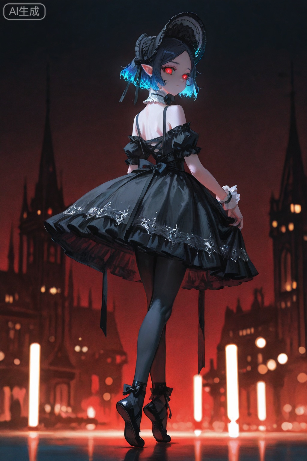 Digital art,illustration,masterpiece,best quality,(artist:quasarcake:0.8),(wlop:0.6),(honjou raita,lack,rella,wanke:0.5),
Delicate eyes,delicate face,1girl, solo, red eyes, blue hair, pantyhose, ballet slippers, short hair, dress, lolita fashion, tiptoes, looking back, gothic lolita, bonnet, ballerina, bare shoulders, black pantyhose, ribbon, looking at viewer,  This is a close-up image of an animated character in a stylized fantasy setting. The character appears to be female with large, expressive eyes and detailed, stylized hair. She has pointed ears, suggesting she might be part of a mythical or supernatural race. Her attire consists of a dark outfit with red accents and a white collar, giving her an elegant and perhaps aristocratic appearance. The background is out of focus but seems to represent a cityscape at nighttime, with glowing lights that create a warm ambiance. There's a blurred figure in the distance that adds depth to the scene. The lighting in the image highlights the character, casting a soft glow around her and drawing attention to her eyes and costume details. The overall artistic style is reminiscent of modern anime or fantasy video games, characterized by its vibrant colors and dynamic character poses. 