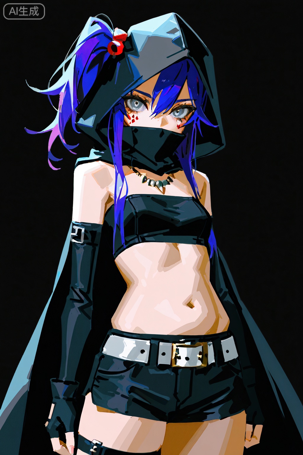 Digital art,illustration,masterpiece,best quality,(artist:quasarcake:0.8),(wlop:0.6),(honjou raita,lack,rella,wanke:0.5),
Delicate eyes,delicate face,art_sekuai7035,1girl, solo, long hair, belt, chubby legs,chubby hips,thin waist,navel, shorts, gloves, thigh strap, black shorts, hood, short shorts, black gloves, covered mouth, purple hair, simple background, midriff, looking at viewer, fingerless gloves, side ponytail, grey eyes, black background, hair between eyes, hood up, breasts, standing, twintails, blue hair, hair ornament, bangs, detached sleeves, bare shoulders,  strapless, black cloak, jewelry, cloak, belt buckle, facial mark, necklace, tube top, white belt, buckle, small breasts, cowboy shot,  Female character in fantasy attire, showcasing detailed clothing and accessories, with a focused expression on her face. She is posed against a black background, under bright, even lighting that highlights the intricate details of her appearance. The artistic style is reminiscent of anime or manga, characterized by clean lines, vibrant colors, and an emphasis on character design and expression. The emotional tone appears to be one of confidence and readiness, befitting her warrior-like attire. Overall atmosphere suggests a blend of fantasy and realism in the image rendering. 