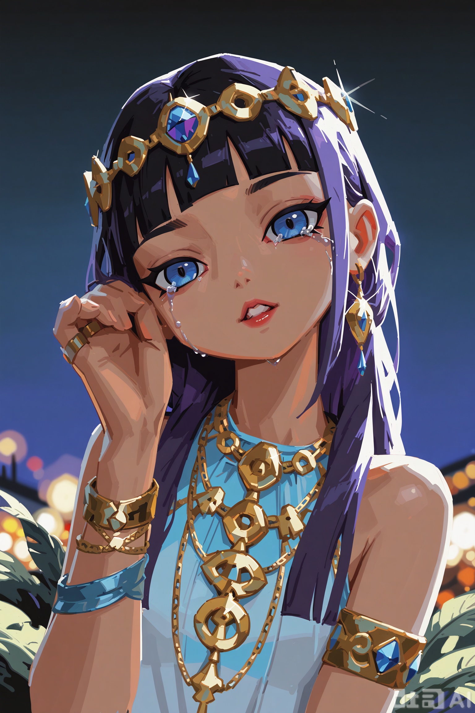 masterpiece,very aware,highres,absurdres,newest,best quality,loli,petite,high quality,chromatic_aberration,
//,
1girl, jewelry, long hair, solo, black hair, looking at viewer, bracelet, gem, necklace, earrings, bangs, parted lips, armlet, ring, upper body, blue eyes, night, sky, gold, hair ornament, gold chain, glint, bare shoulders, purple hair, blunt bangs, chain, circlet, night sky, leaf, head tilt, hand in own hair, sleeveless, teeth, crying
//,
illustration,ultra detailed,hdr,Depth of field,(colorful),phenomenal aesthetic,detailed light,Blurred picture,hdr,Tyndall effect,contrast,depth of field,cinematic lighting,extremely detailed,High Detail,Tyndall Effect,