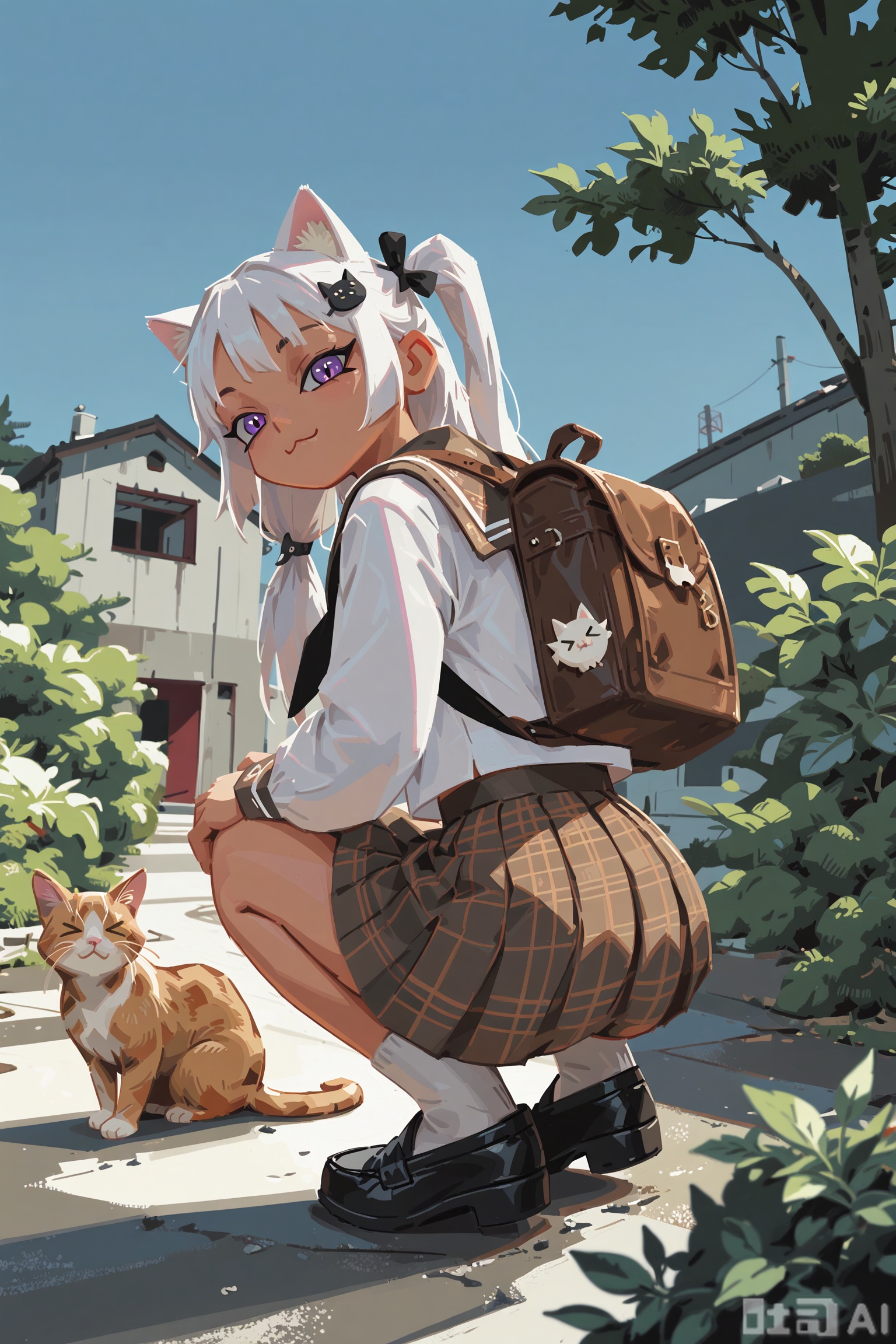 masterpiece,very aware,highres,absurdres,newest,best quality,loli,petite,high quality,chromatic_aberration,
//,
1girl, skirt, long hair, cat, school uniform, outdoors, from behind, shoes, shirt, bag, pleated skirt, black footwear, serafuku, solo, white shirt, ass, squatting, black skirt, ribbon, black ribbon, hair ribbon, white hair, loafers, sailor collar, long sleeves, twintails, day, hair ornament, >_<, bow, two side up, hair bow, closed eyes, cat hair ornament, full body, :3, brown skirt, plant, black bow, bush, tree, backpack, as7034The image features an animated character, a girl with cat ears and tail on her backpack. She is standing outdoors next to a white fence, wearing a black school uniform. In the foreground, there's a brown cat looking at the viewer. The background shows a clear sky and some foliage. 
//,
illustration,ultra detailed,hdr,Depth of field,(colorful),phenomenal aesthetic,detailed light,Blurred picture,hdr,Tyndall effect,contrast,depth of field,cinematic lighting,extremely detailed,High Detail,Tyndall Effect,