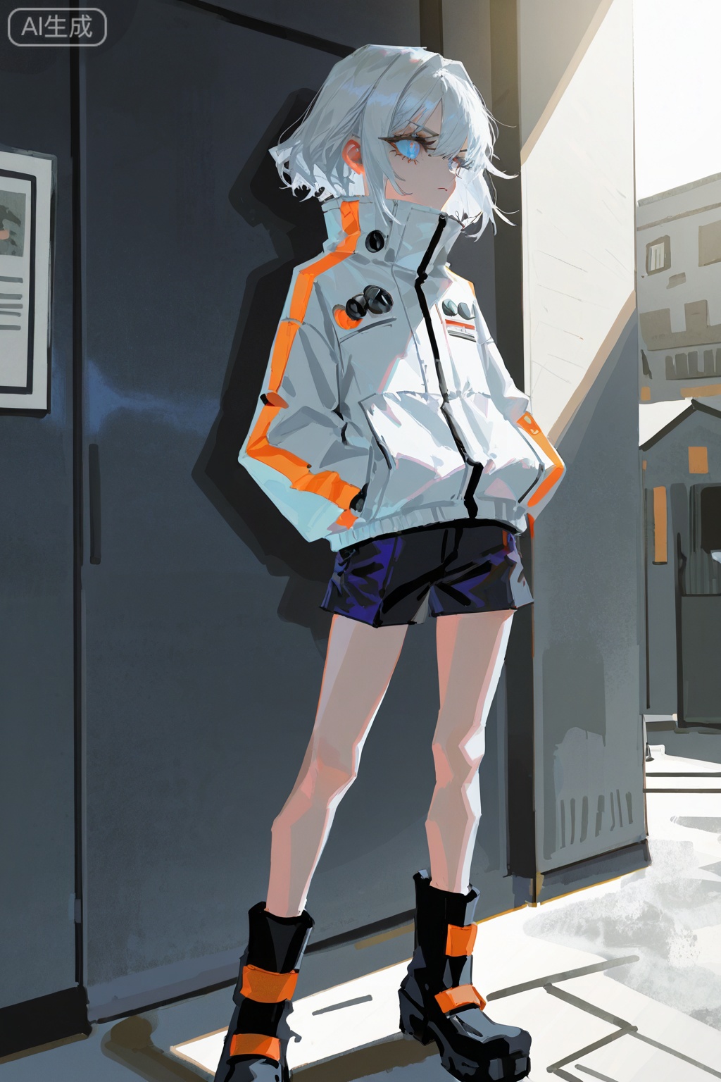 Digital art,illustration,masterpiece,best quality,(artist:quasarcake:0.8),(wlop:0.6),(honjou raita,lack,rella,wanke:0.5),
Delicate eyes,delicate face,art_sekuai7035,,is a digital illustration of a young woman with white hair and blue eyes. She is wearing a white jacket with black and orange accents, black shorts, and black boots with orange accents.  jacket has a high collar and long sleeves, and it has two purple straps on either side.  woman is standing with her legs slightly apart and her hands in her pockets. She has a serious expression on her face and is looking directly at the camera.  background is plain white.