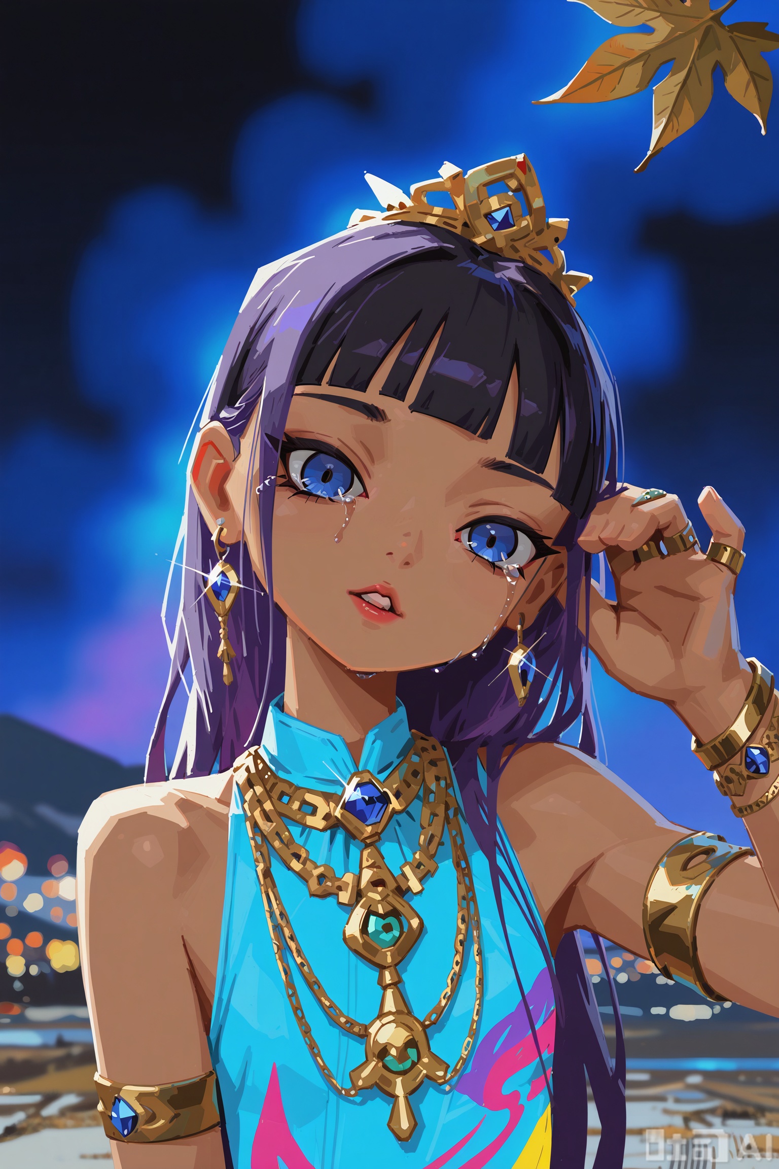 masterpiece,very aware,highres,absurdres,newest,best quality,loli,petite,high quality,chromatic_aberration,
//,
1girl, jewelry, long hair, solo, black hair, looking at viewer, bracelet, gem, necklace, earrings, bangs, parted lips, armlet, ring, upper body, blue eyes, night, sky, gold, hair ornament, gold chain, glint, bare shoulders, purple hair, blunt bangs, chain, circlet, night sky, leaf, head tilt, hand in own hair, sleeveless, teeth, crying
//,
illustration,ultra detailed,hdr,Depth of field,(colorful),phenomenal aesthetic,detailed light,Blurred picture,hdr,Tyndall effect,contrast,depth of field,cinematic lighting,extremely detailed,High Detail,Tyndall Effect,