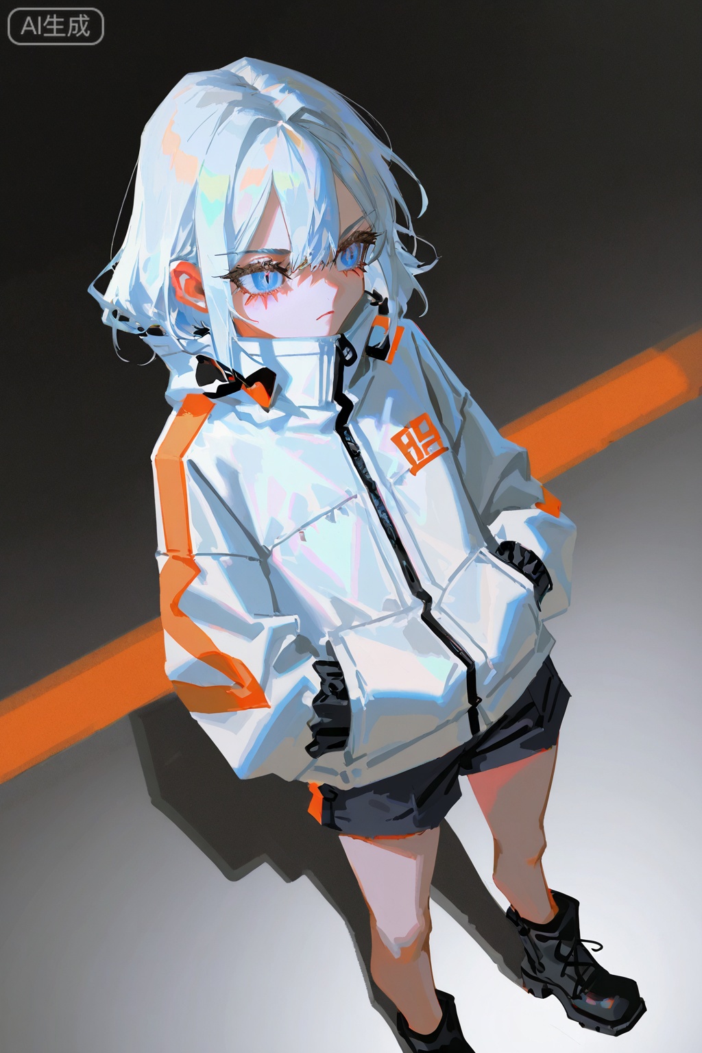 Digital art,illustration,masterpiece,best quality,(artist:quasarcake:0.8),(wlop:0.6),(honjou raita,lack,rella,wanke:0.5),
Delicate eyes,delicate face,art_sekuai7035,,is a digital illustration of a young woman with white hair and blue eyes. She is wearing a white jacket with black and orange accents, black shorts, and black boots with orange accents.  jacket has a high collar and long sleeves, and it has two purple straps on either side.  woman is standing with her legs slightly apart and her hands in her pockets. She has a serious expression on her face and is looking directly at the camera.  background is plain white.