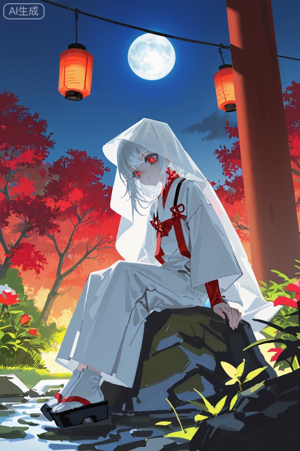 Digital art,illustration,masterpiece,best quality,(artist:quasarcake:0.8),(wlop:0.6),(honjou raita,lack,rella,wanke:0.5),
Delicate eyes,delicate face,art_sekuai7035,an illustration of a young woman with long white hair and red eyes sitting on a rock in a Japanese garden. She is wearing a pink and white kimono and has a long white veil covering her head. The garden is filled with colorful flowers and plants, and there is a waterfall cascading down the rocks in the background. On the right side of the image, there are two lanterns hanging from a pole, and on the left side, there is another lantern with a red and white design. The sky is blue with a full moon, and the mountains can be seen in the distance. The overall mood of the illustration is peaceful and serene.