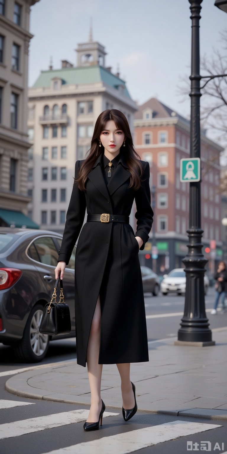motor vehicle, 1girl, car, high heels, ground vehicle, street, road, city, crosswalk, outdoors, building, bag, real world location, long hair, handbag, black footwear, holding bag, walking, holding, realistic, coat, brown hair, sidewalk, belt, lips, day, solo focus, standing, lamppost, jewelry, full body, solo, parted lips, shoes, black coat, jacket,
mocaihuan,lvjing,lvjing,pifu,yafei,hanyunzhi
